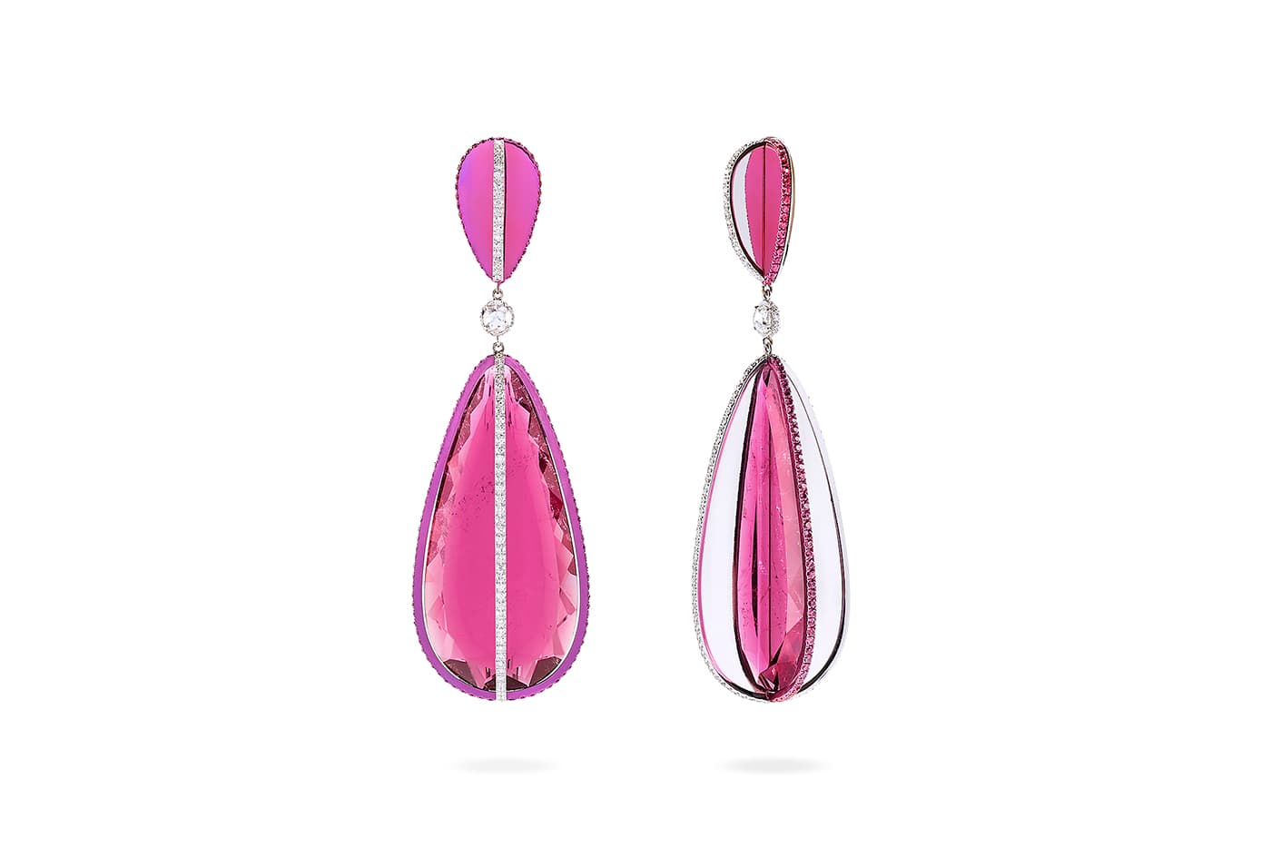  Fabio Salini earrings with a total of 72.35ct rubellite with diamonds and rubies in gold and titanium 