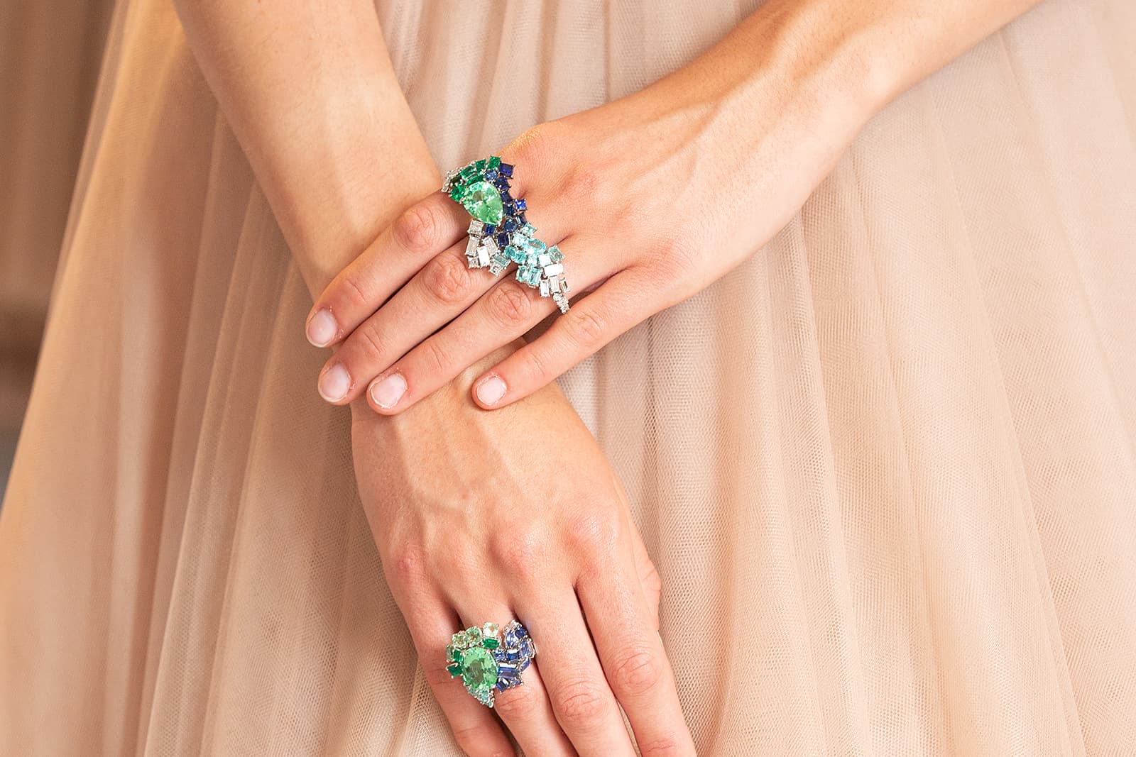 'Gem Dior' ring and double ring with Paraiba tourmalines, diamonds, tsavorites and tanzanites in white gold