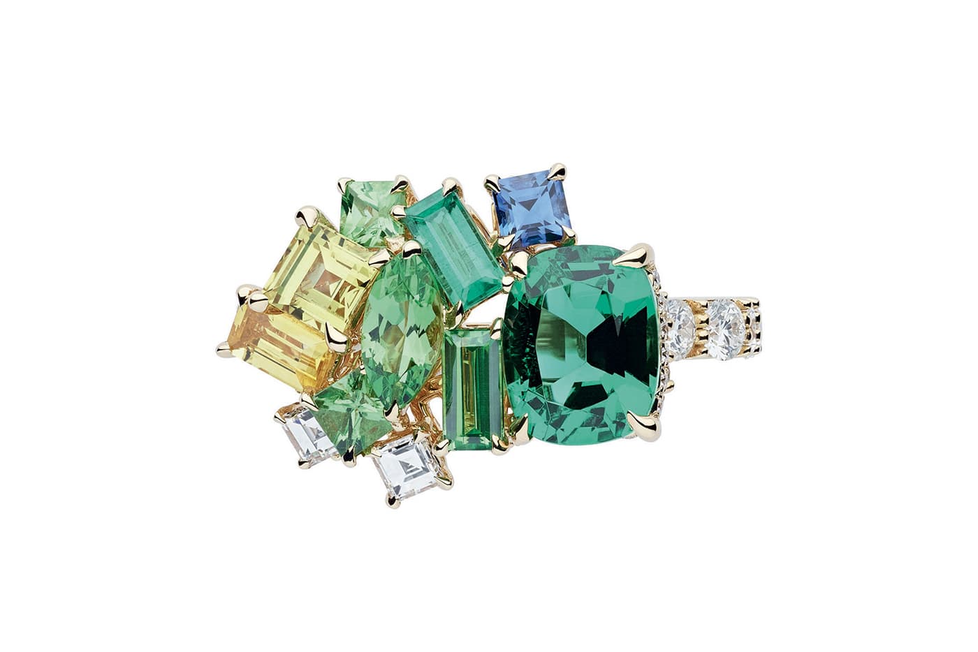  'Gem Dior' ring with tanzanite, sapphires, emeralds, Paraiba tourmaline, tsavorite and diamonds in yellow gold