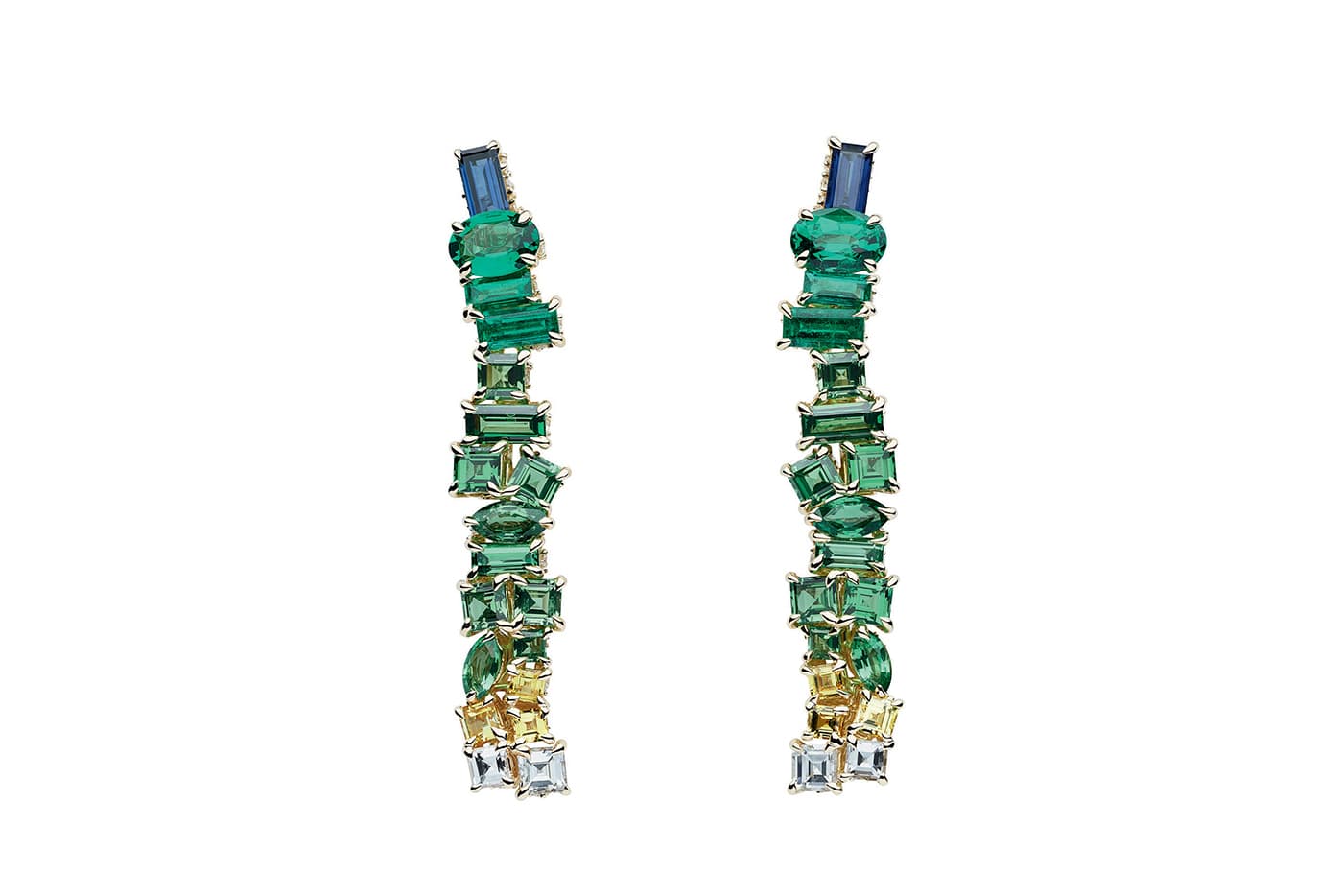  'Gem Dior' drop earrings with sapphires, emeralds, tsavorites, tanzanites and diamonds in yellow gold