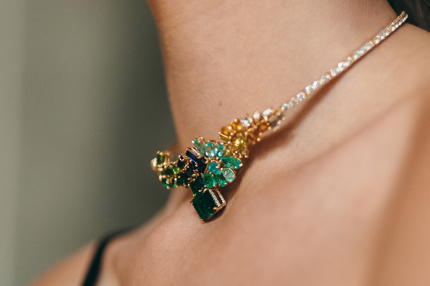  'Gem Dior' necklace with emeralds, sapphires, Paraiba tourmalines and diamonds in yellow gold