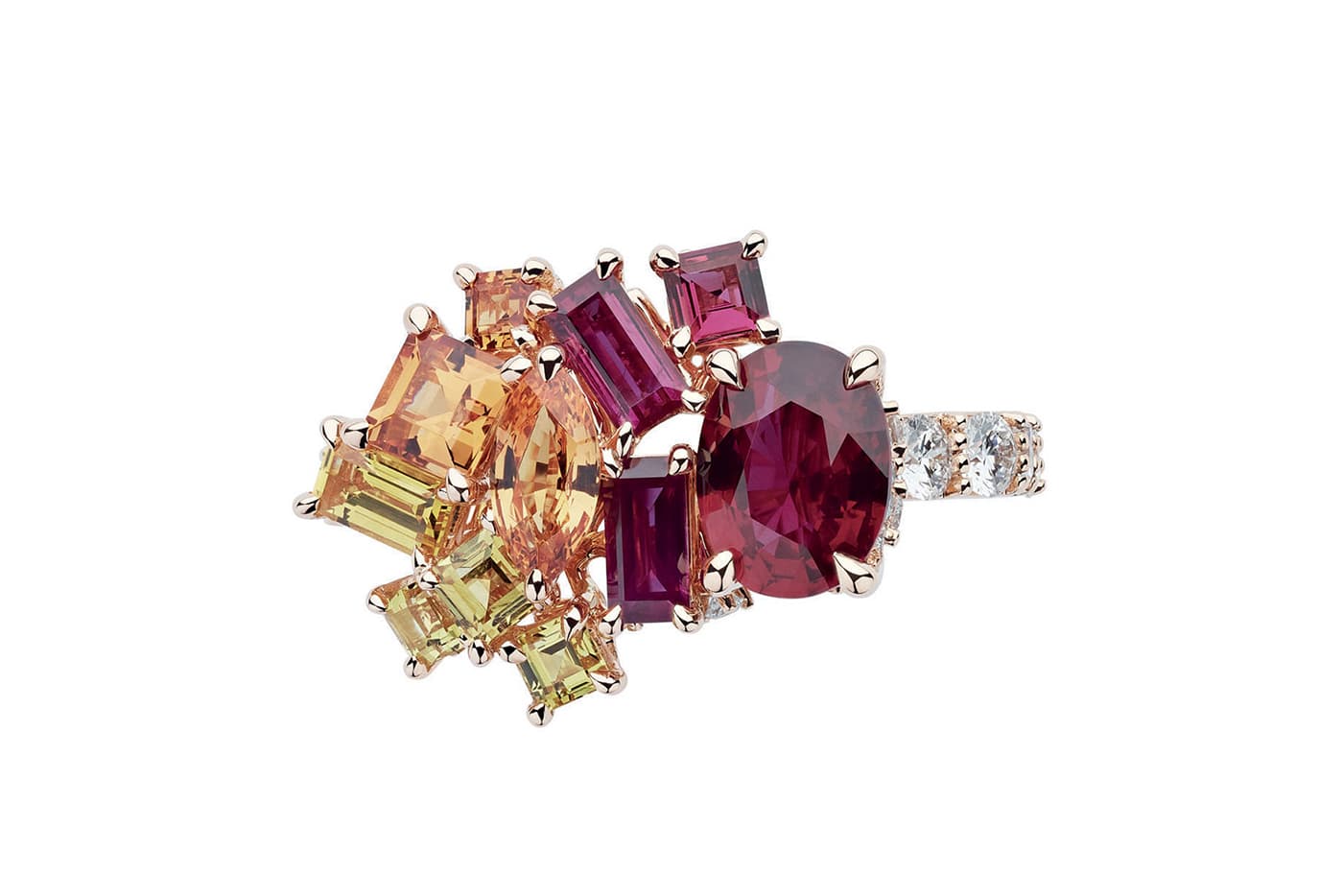  'Gem Dior' drop ring with rubies, diamonds, spinels, sapphires and spessartine garnets in yellow gold