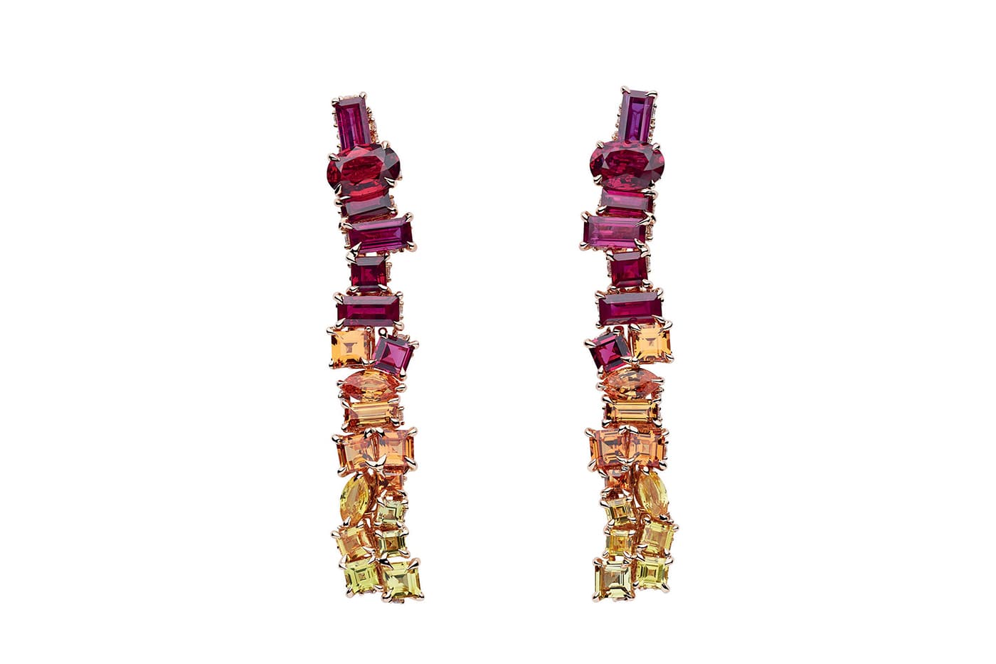 'Gem Dior' drop earrings with rubies, spinels, sapphires and spessartine garnets in yellow gold