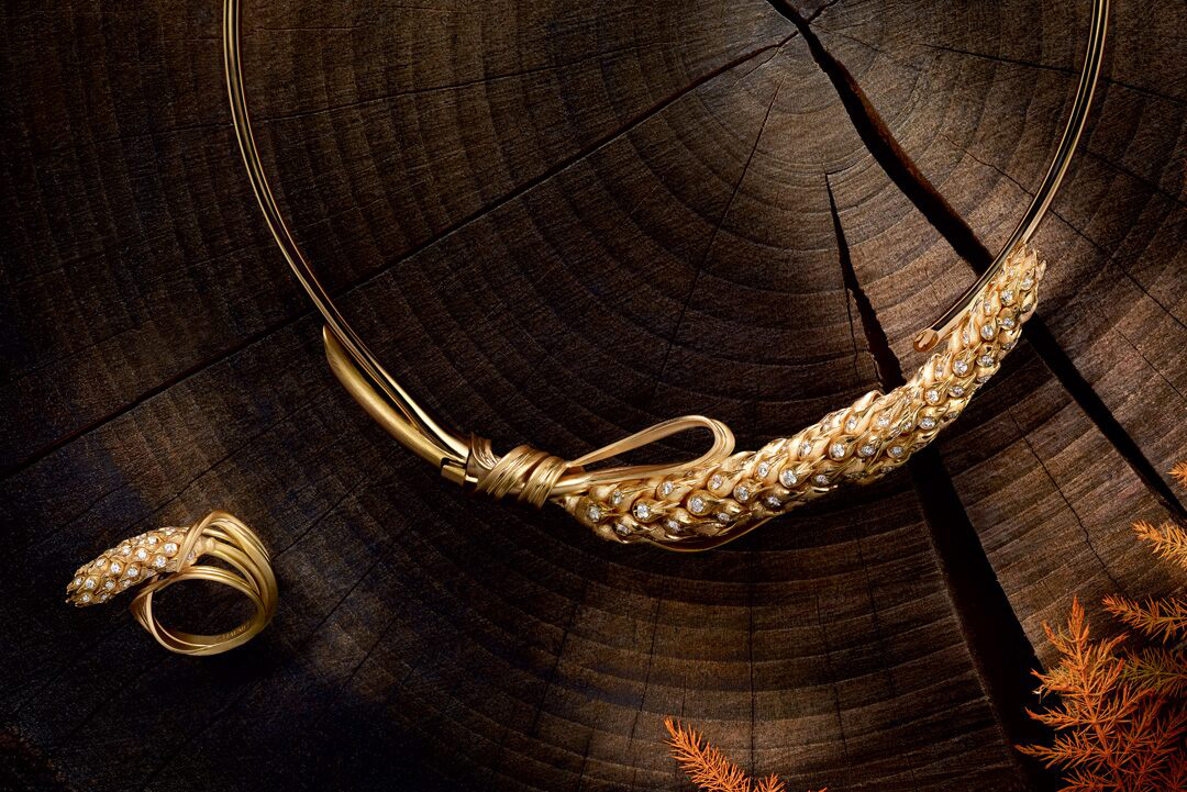  Chaumet ‘L’Épi de Blé de Chaumet’ necklace and ring with diamonds in yellow gold