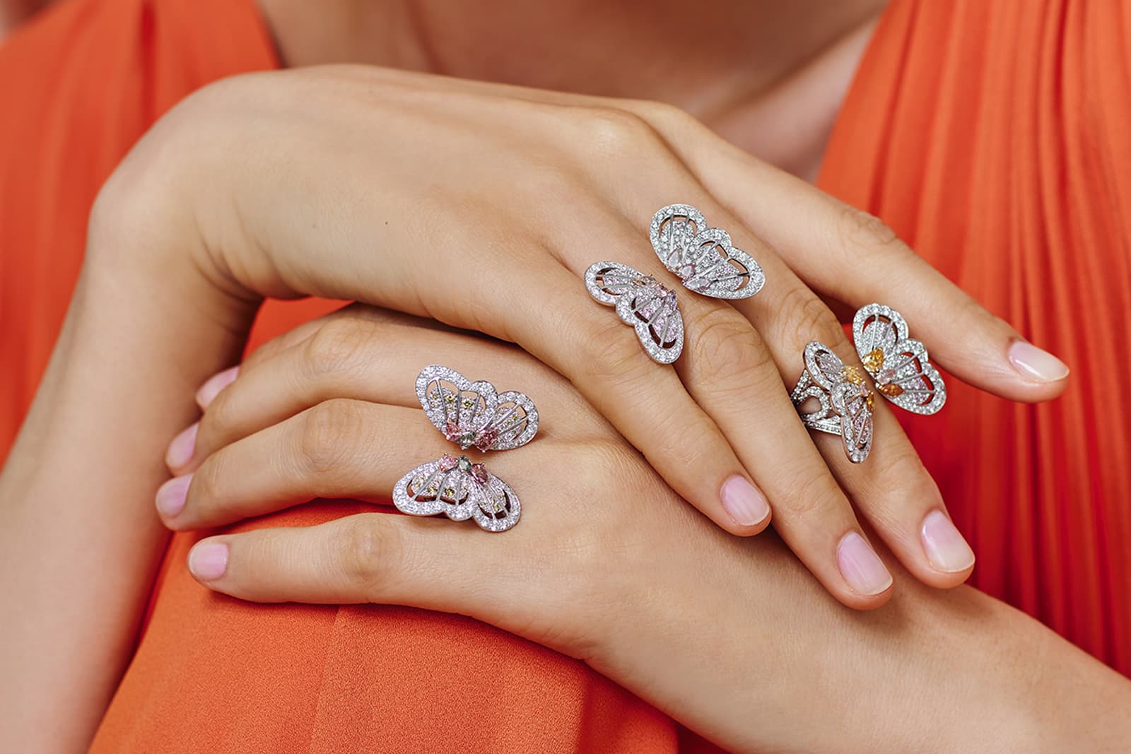  De Beers 'Monarch Butterfly' rings with fancy coloured and colourless diamonds