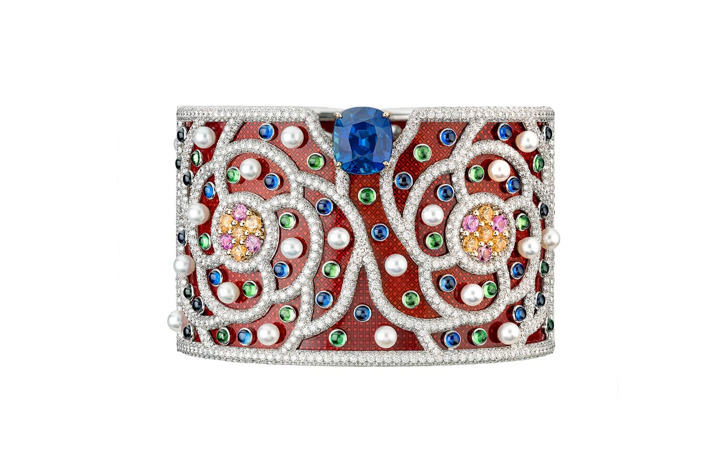  Chanel 'La Paris Russe de Chanel' collection 'Folklore' cuff with blue sapphires, pink sapphires, Mandarin and tsavorite garnets, pearls and diamonds in white and yellow gold and enamel