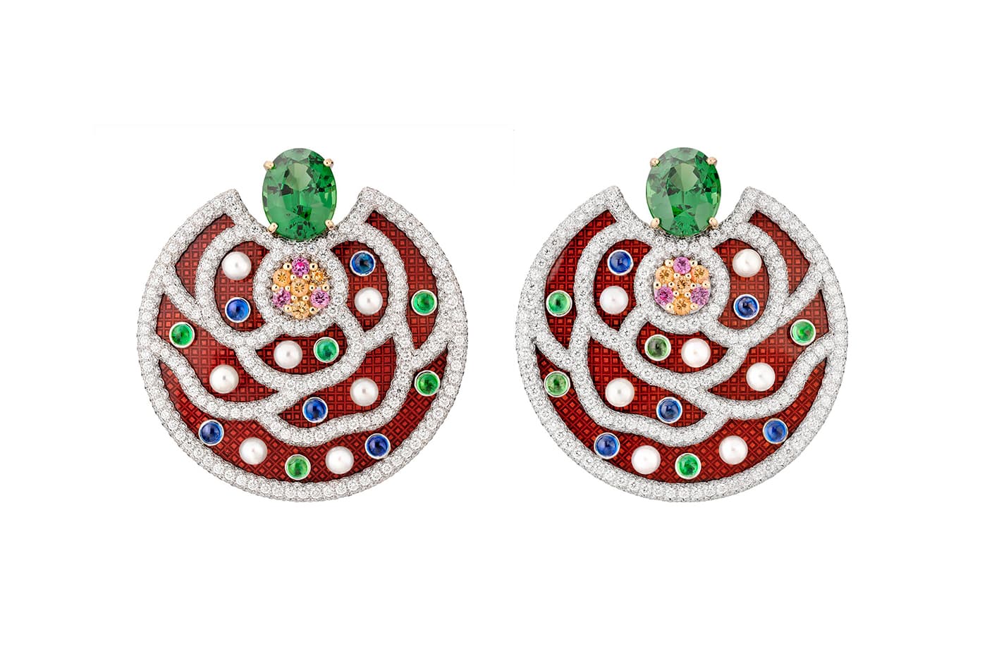  Chanel 'La Paris Russe de Chanel' collection 'Folklore' earrings with blue sapphires, pink sapphires, Mandarin and tsavorite garnets, pearls and diamonds in white and yellow gold and enamel