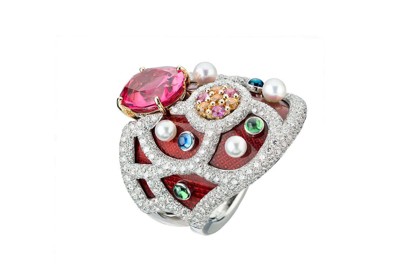  Chanel 'La Paris Russe de Chanel' collection 'Folklore' ring with blue sapphires, pink sapphires, Mandarin and tsavorite garnets, pearls and diamonds in white and yellow gold and enamel
