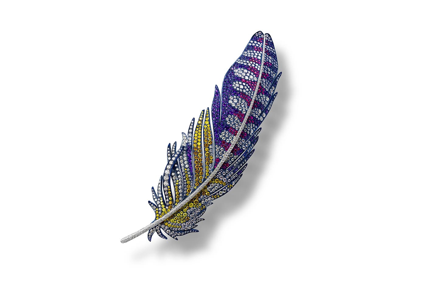  Carnet by Michelle Ong ‘Precious Plume’ brooch with colourless diamonds, rubies, emeralds, pink and blue sapphires and garnets in platinum and titanium