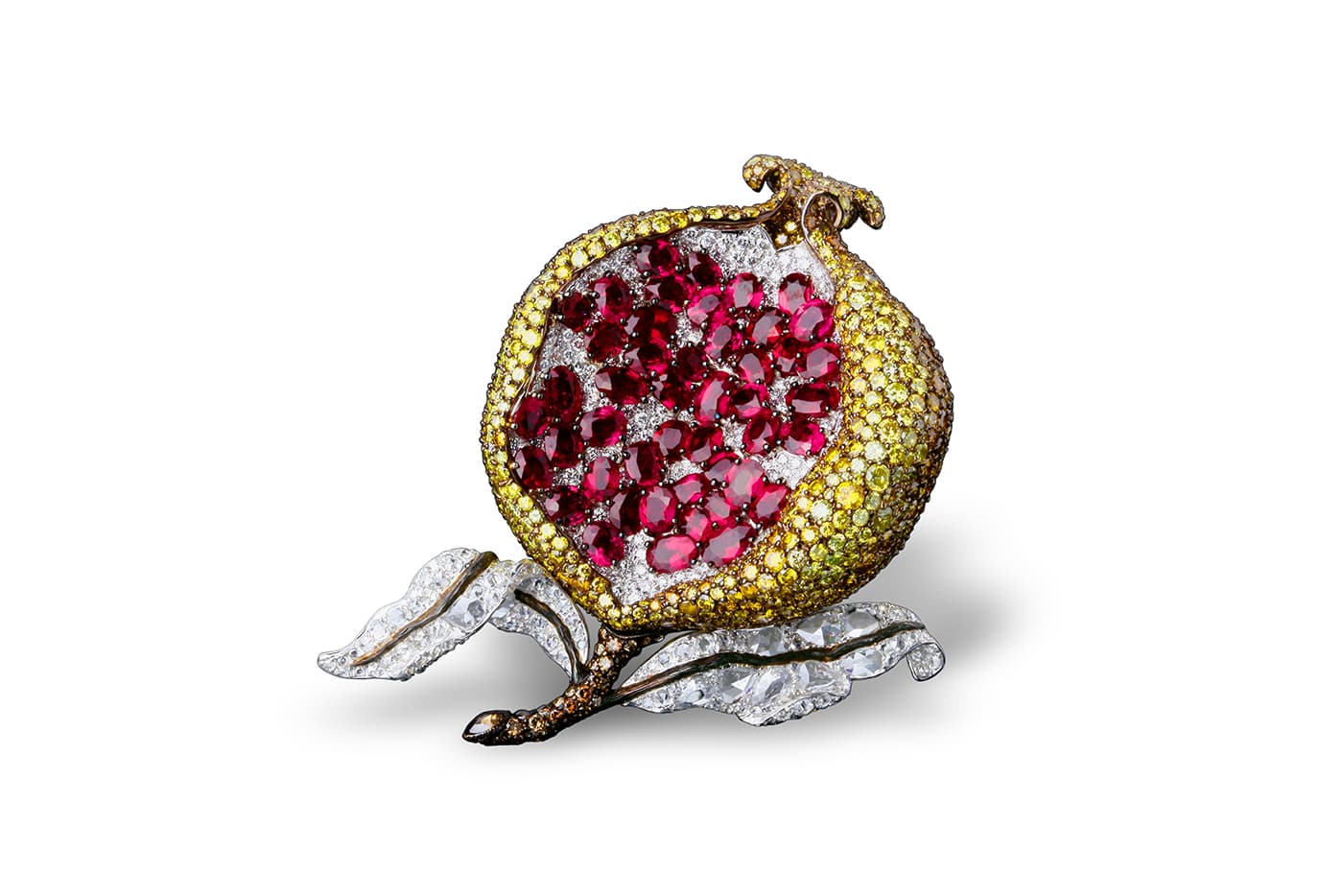 Carnet by Michelle Ong 'Precious Pomegranate' brooch from 2008 with rubies, brown, colourless and yellow diamonds in white and yellow gold