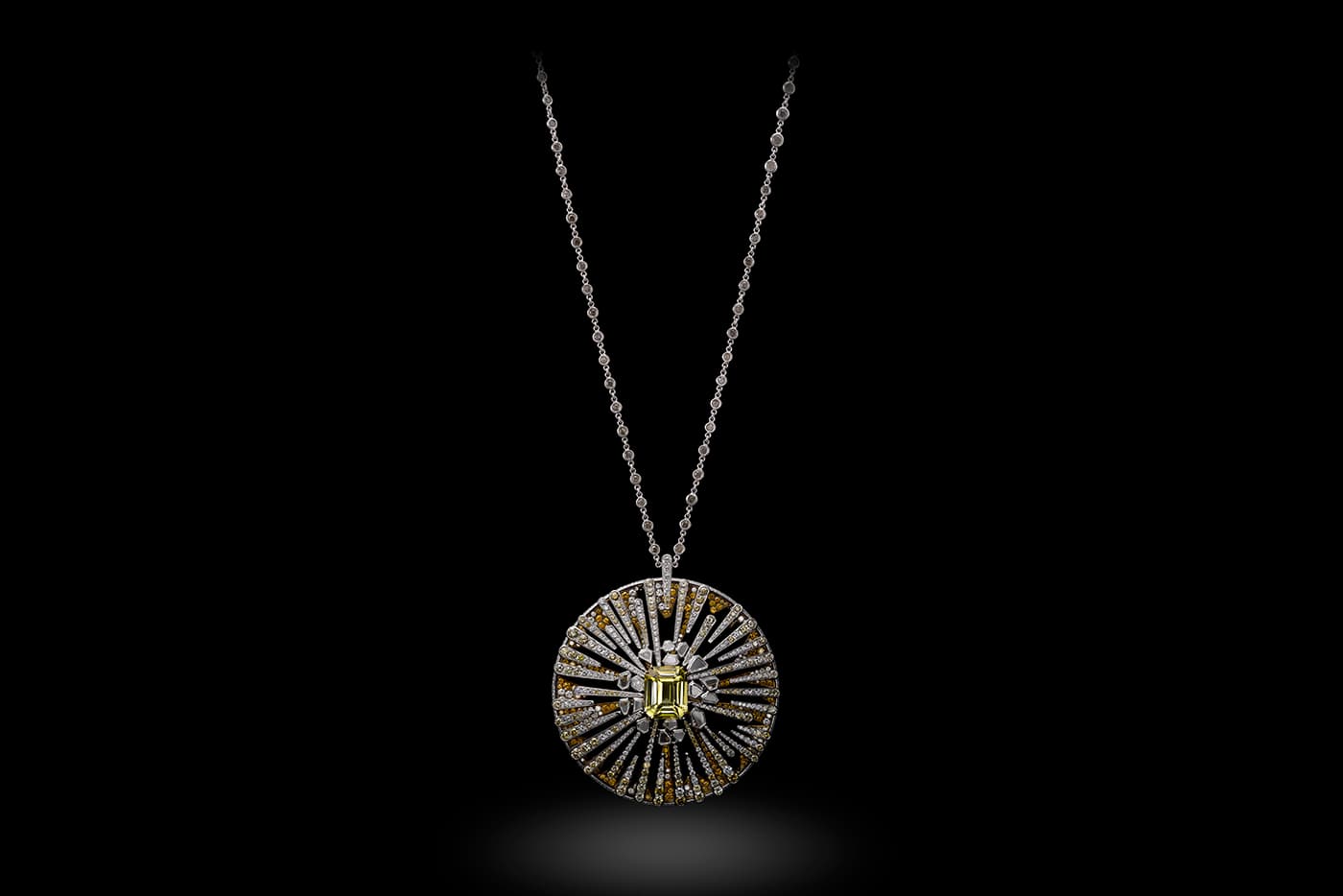  Carnet by Michelle Ong 'Sparkling Delight' transformable pendant and brooch with 6.50ct emerald cut unheated fancy yellow Sapphire, colourless and fancy yellow diamonds in platinum, white gold and titanium, and detachable white and yellow diamond chain
