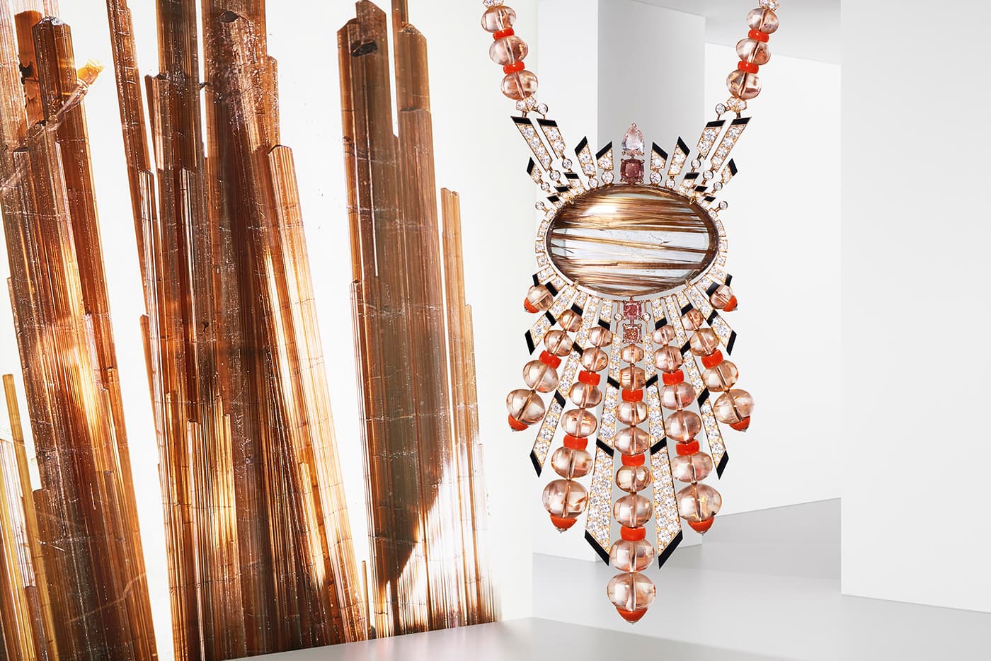 Cartier 'Aphelie' necklace with rutilated quartz, pink and colourless diamonds, morganite, onyx and coral in yellow gold