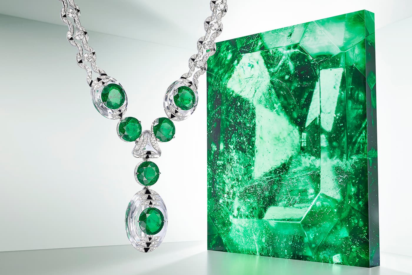 Cartier ‘Theia’ necklace with Colombian emeralds, rock crystal, diamonds and onyx in white gold