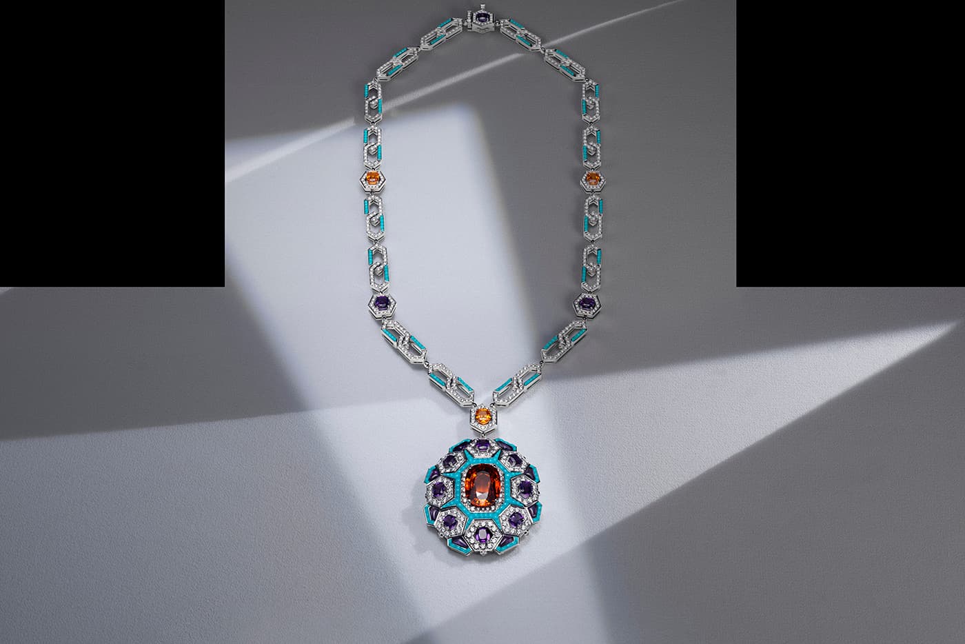 Bvlgari 'Cinemagia' collection 'Night at the Casino' necklace with 16.85ct Mandarin garnet, turquoise, amethyst and diamonds in white gold