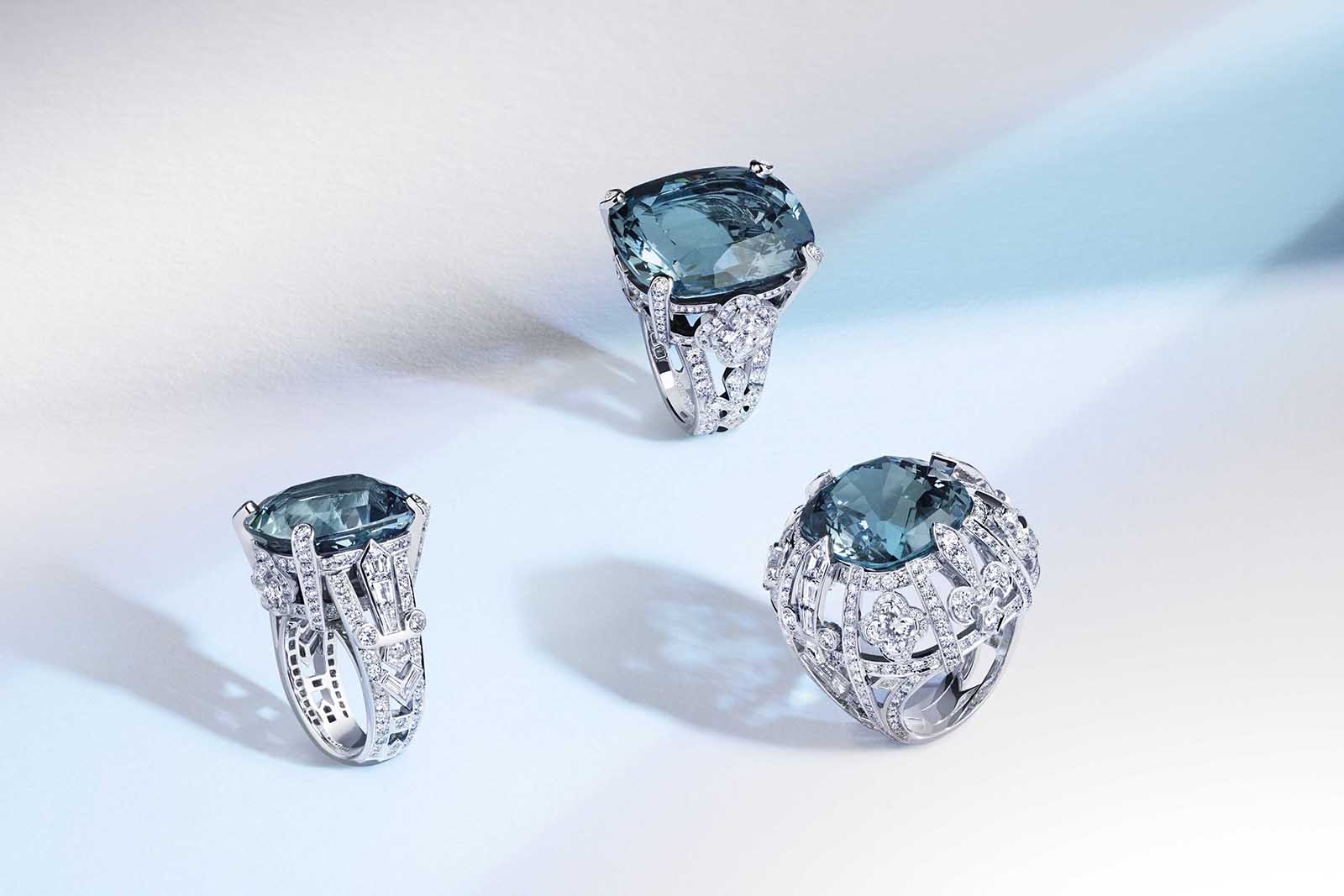  Louis Vuitton 'Riders of the Knights' collection 'La Reine' rings with diamonds and aquamarines in white gold