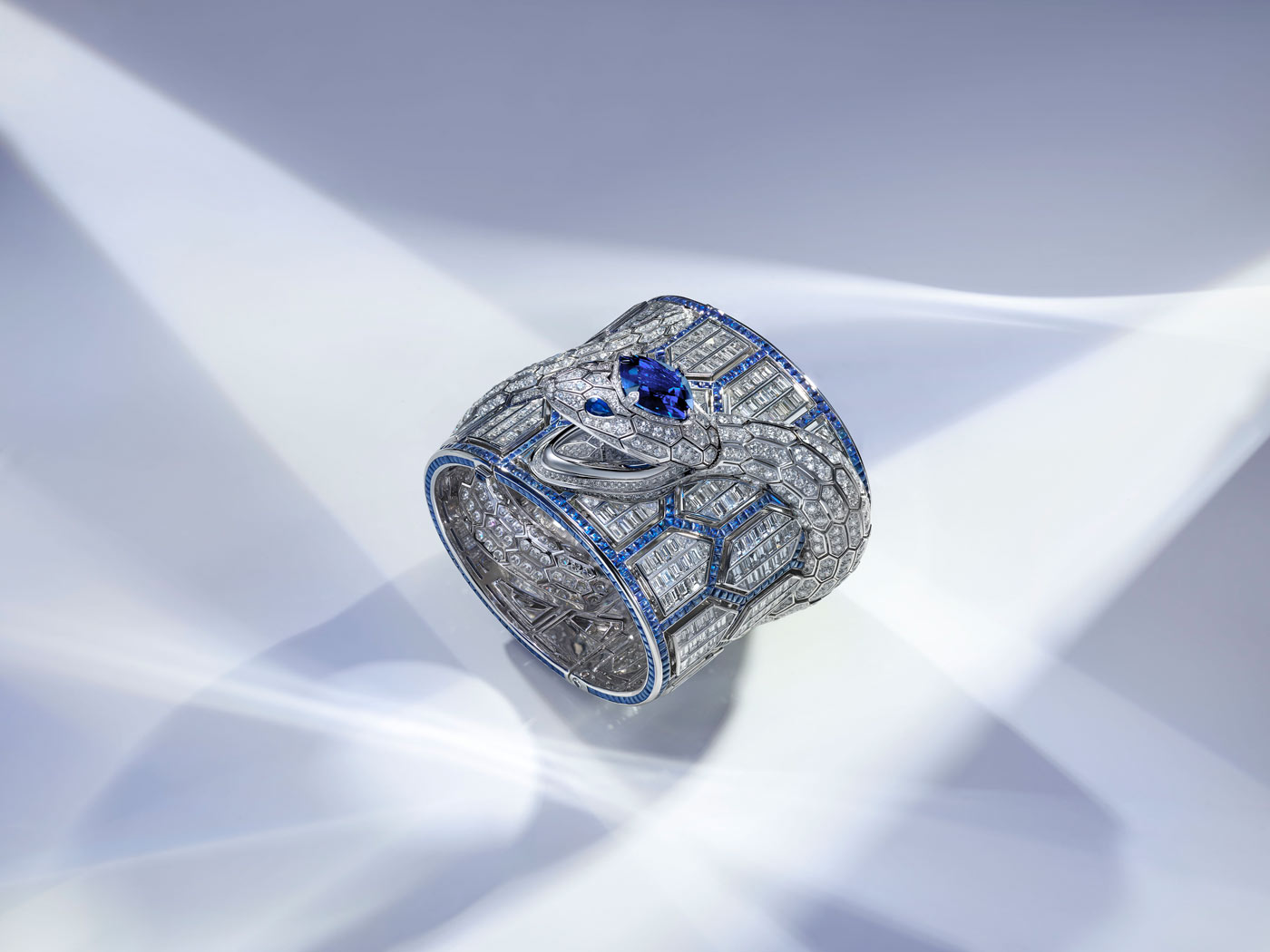 Bvlgari 'Cinemagia' collection ‘Serpenti Misteriosi Romani’ watch with 10ct Sri Lankan sapphire, 60ct diamonds and 35ct of accenting sapphires in white gold