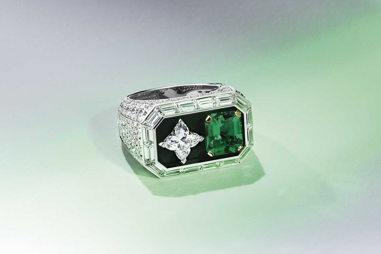 Louis Vuitton 'Riders of the Knights' collection 'Intuition' ring with diamonds, emerald and onyx in white gold
