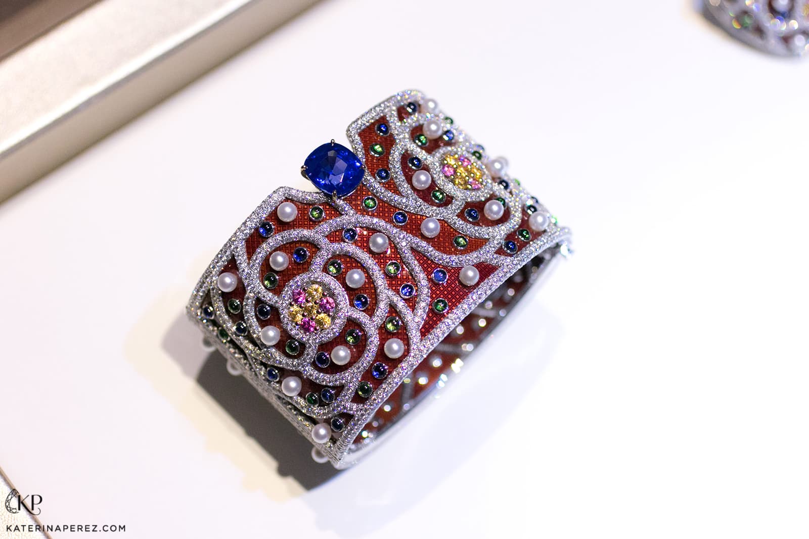 Chanel 'La Paris Russe de Chanel' collection 'Folklore' cuff with blue sapphires, pink sapphires, Mandarin and tsavorite garnets, pearls and diamonds in white and yellow gold and enamel