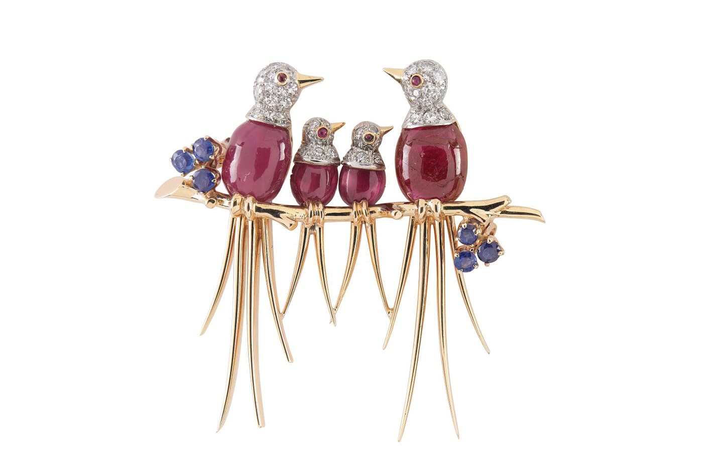 Van Cleef & Arpels brooch with rubies, sapphires and diamonds in yellow gold and platinum from 1946