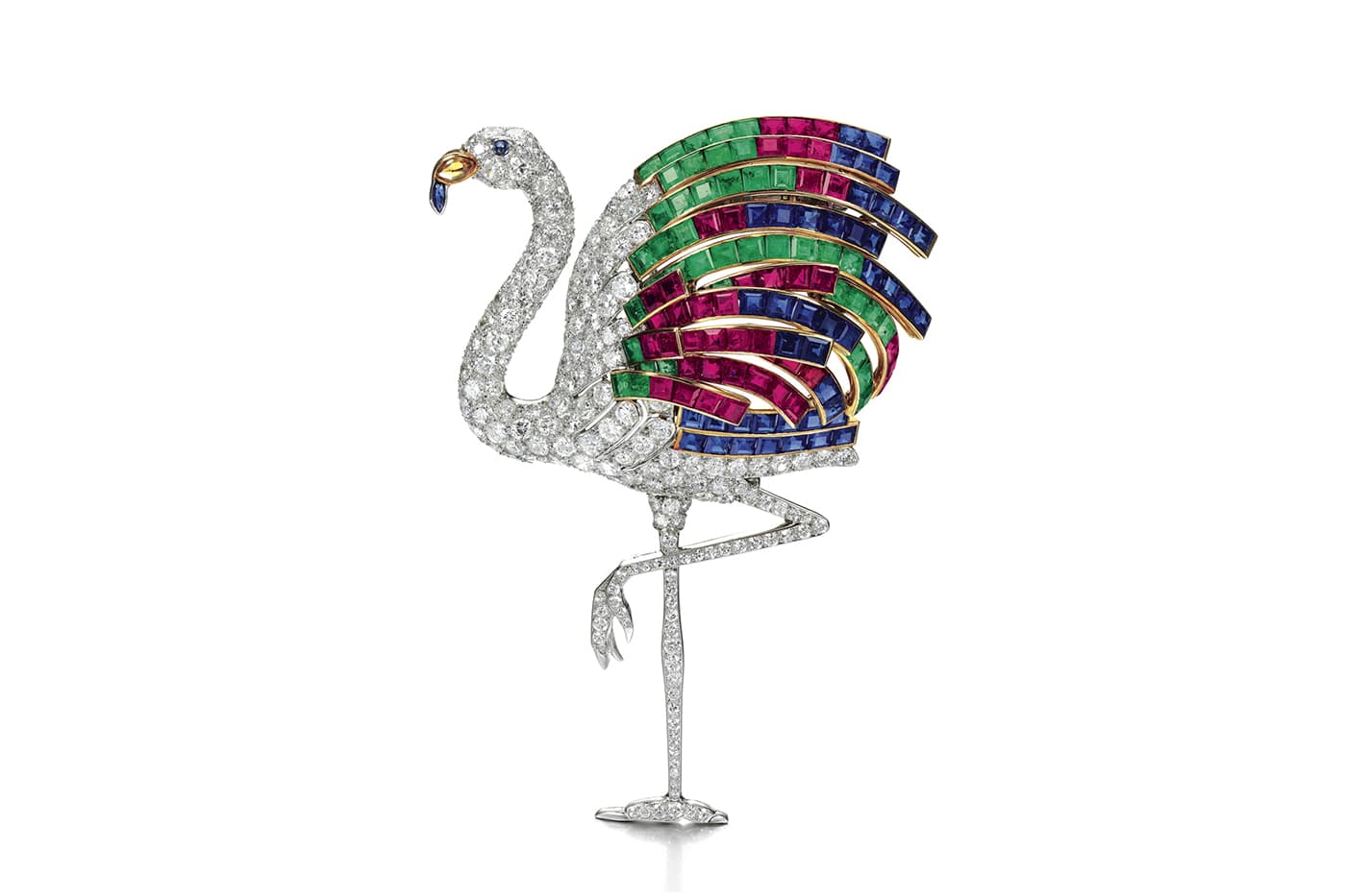  Reprouduction of the Cartier 'Flamingo' brooch with emeralds, rubies, sapphires and diamonds in platinum and yellow gold from 1987