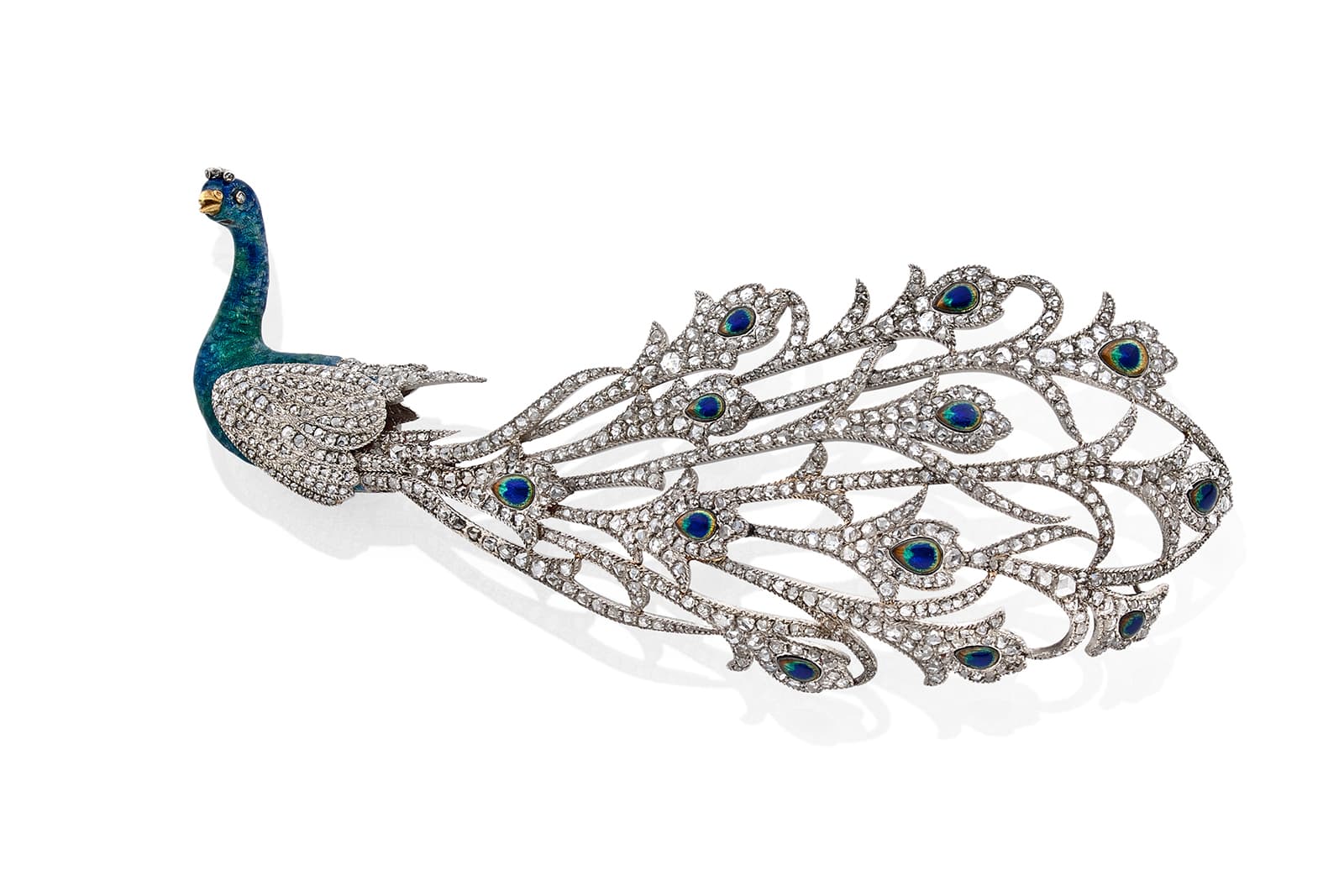 Charles Mellerio peacock brooch with diamonds and enamel circa 1910