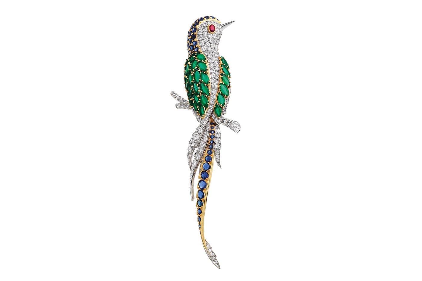  Van Cleef & Arpels brooch with diamonds, emeralds, sapphires and ruby in yellow gold and platinum from 1963