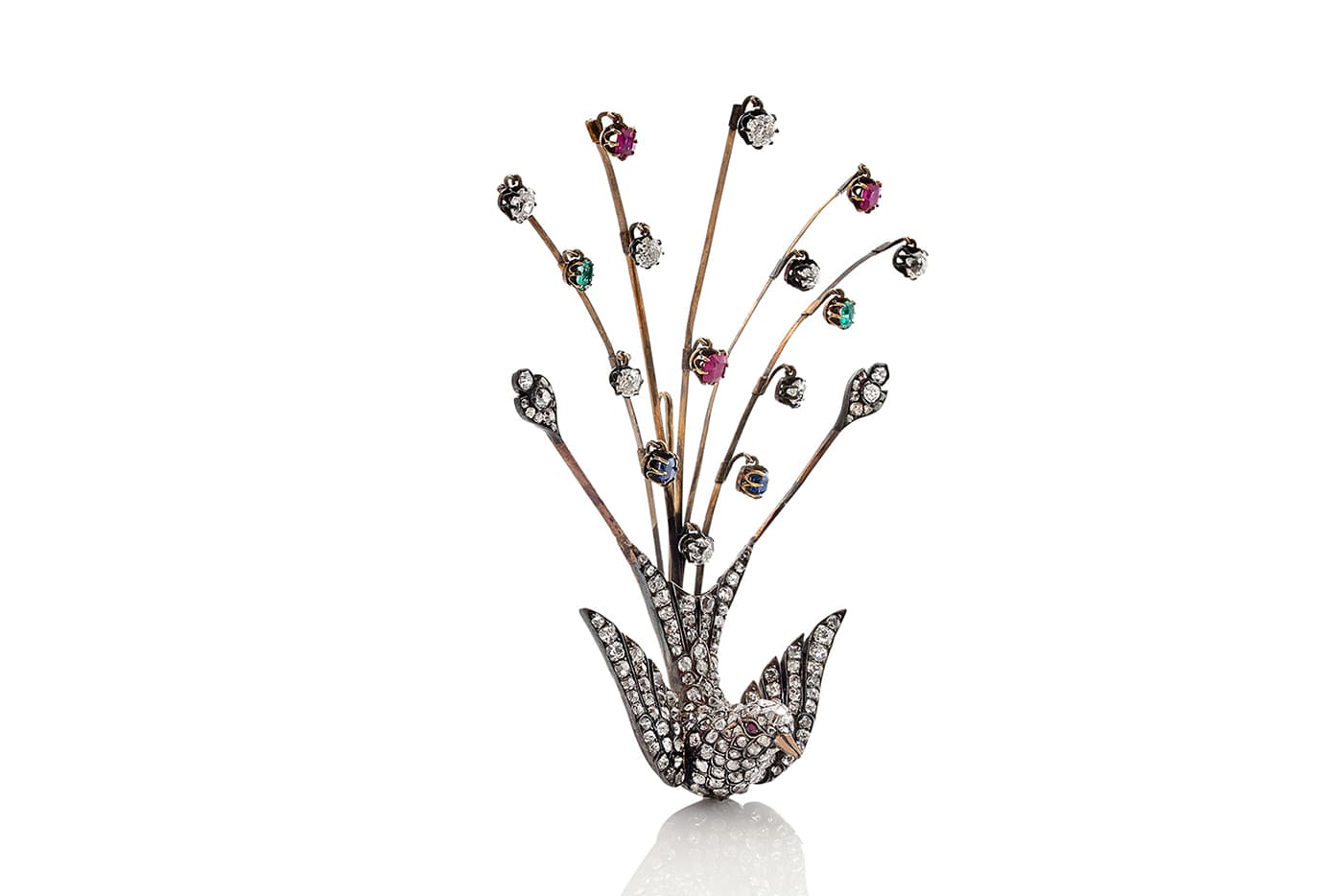  Brooch with diamonds, emeralds and sapphires in silver on gold circa 19th century