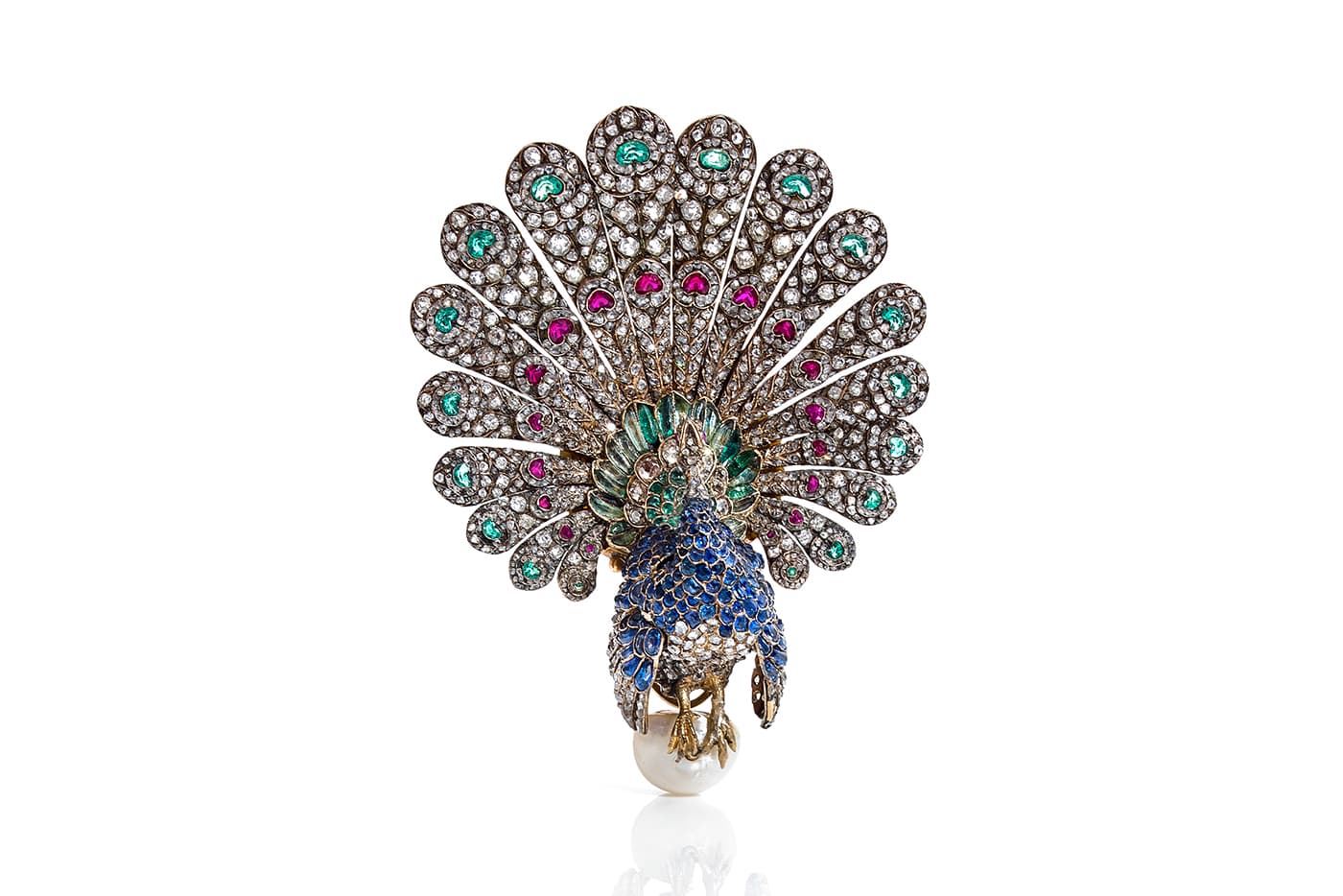  Gustave Baugrand 'Peacock' brooch with sapphires, emeralds, rubies, diamonds and pearl in yellow gold circa 1865
