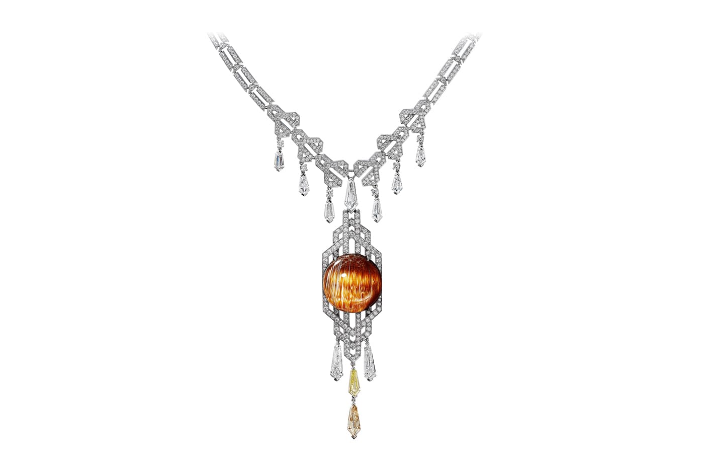  Cartier 'Sorelli' necklace with rutilated quartz and yellow and colourless diamonds in white gold