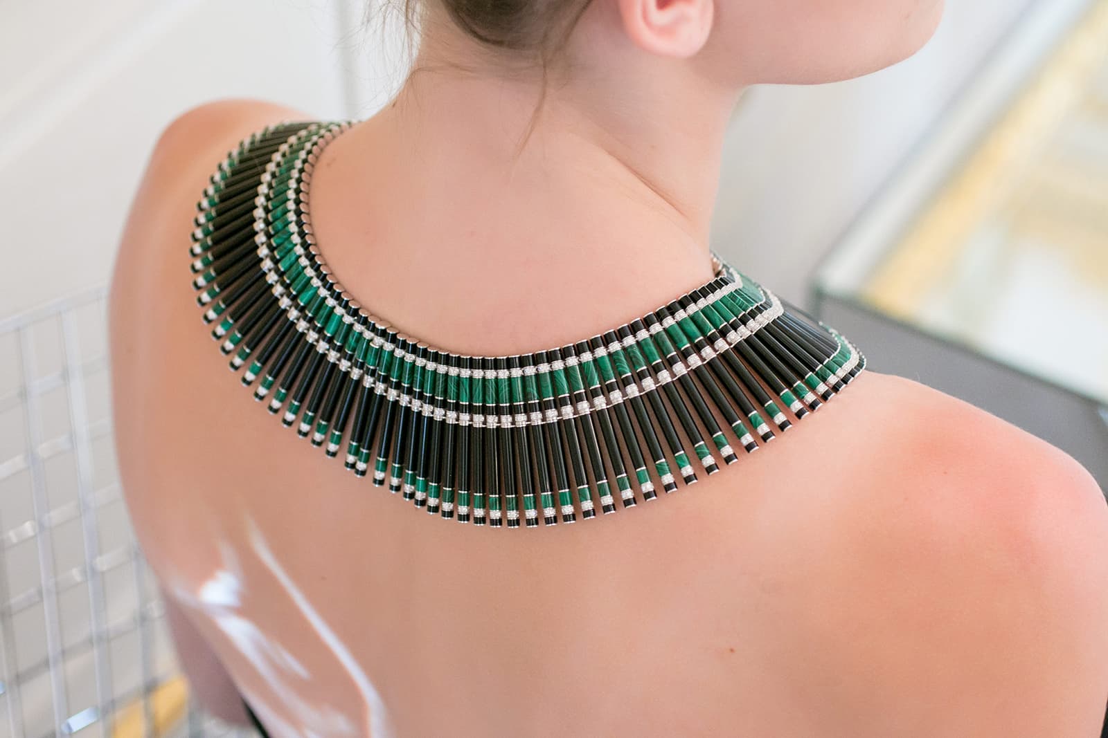 Boucheron ‘Paris Vu Du 26’ collection 'Grosgrain' fringe necklace with malachite, onyx and diamonds in white gold