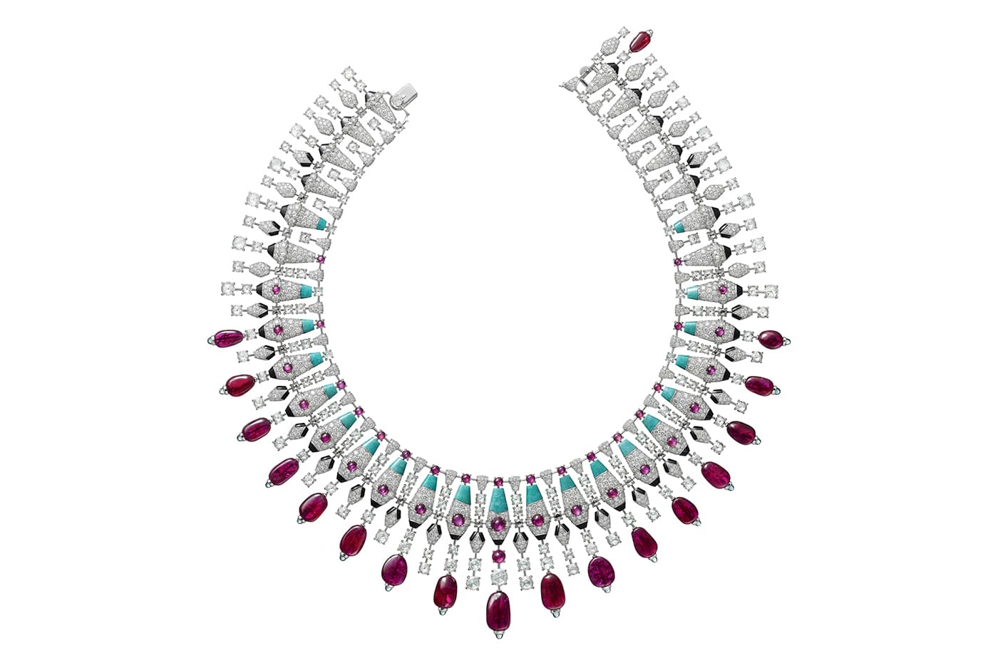 Cartier 'Magnitude' collection 'Alya' necklace with 107.69ct Mozambican rubies, tourmalines, amazonites, onyx and diamonds in white gold