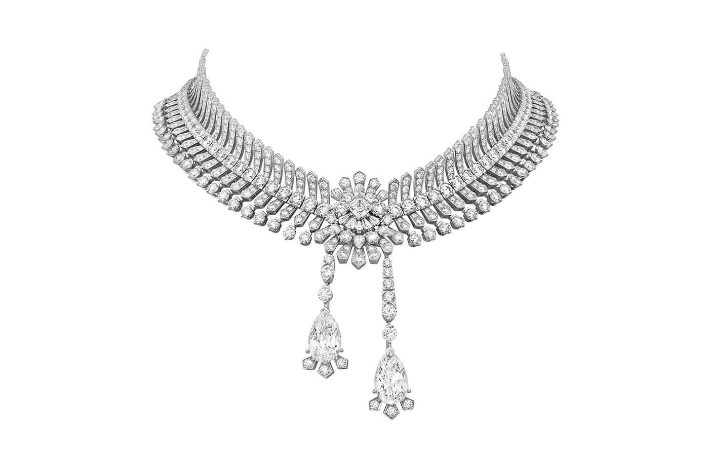  Van Cleef & Arpels ‘Romeo & Juliet’ collection 'Reticella' transformable necklace with two pear shaped diamonds of 6.60ct and 6.31ct, and accenting diamonds in white gold