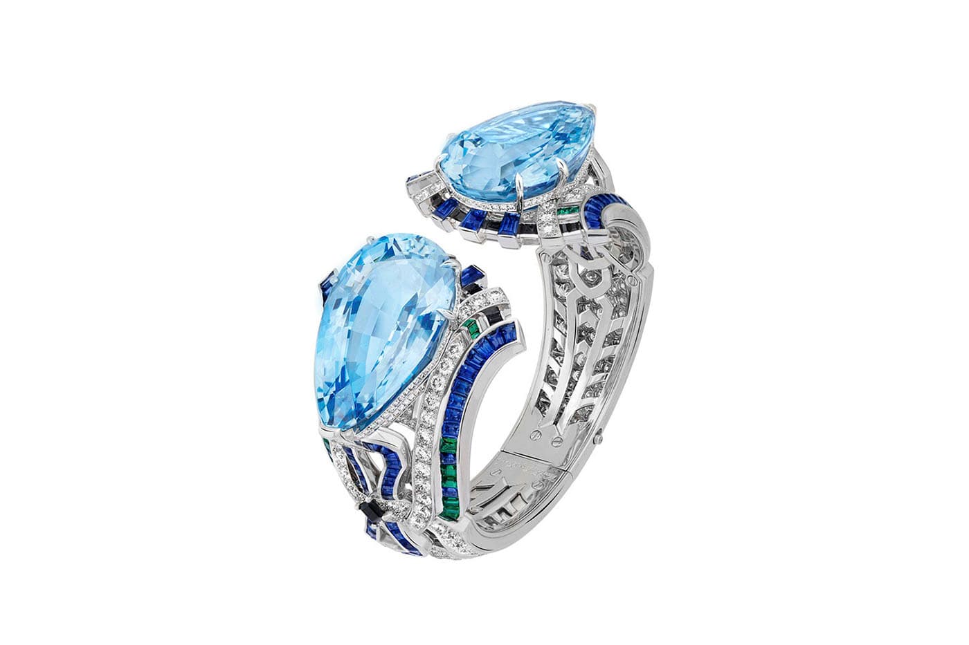  Van Cleef & Arpels 'Romeo and Juliet' collection 'Fiore' bracelet two pear shaped aquamarines of 50.87ct and 50.50ct, emeralds, sapphires, black spinels and diamonds in white gold