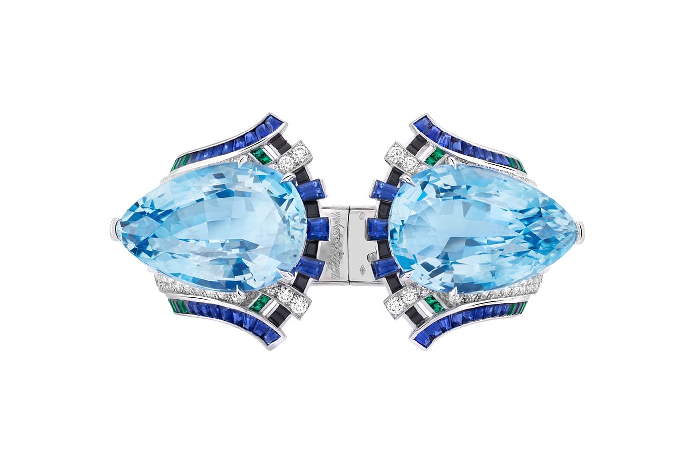  Van Cleef & Arpels 'Romeo and Juliet' collection 'Fiore' bracelet two pear shaped aquamarines of 50.87ct and 50.50ct, emeralds, sapphires, black spinels and diamonds in white gold