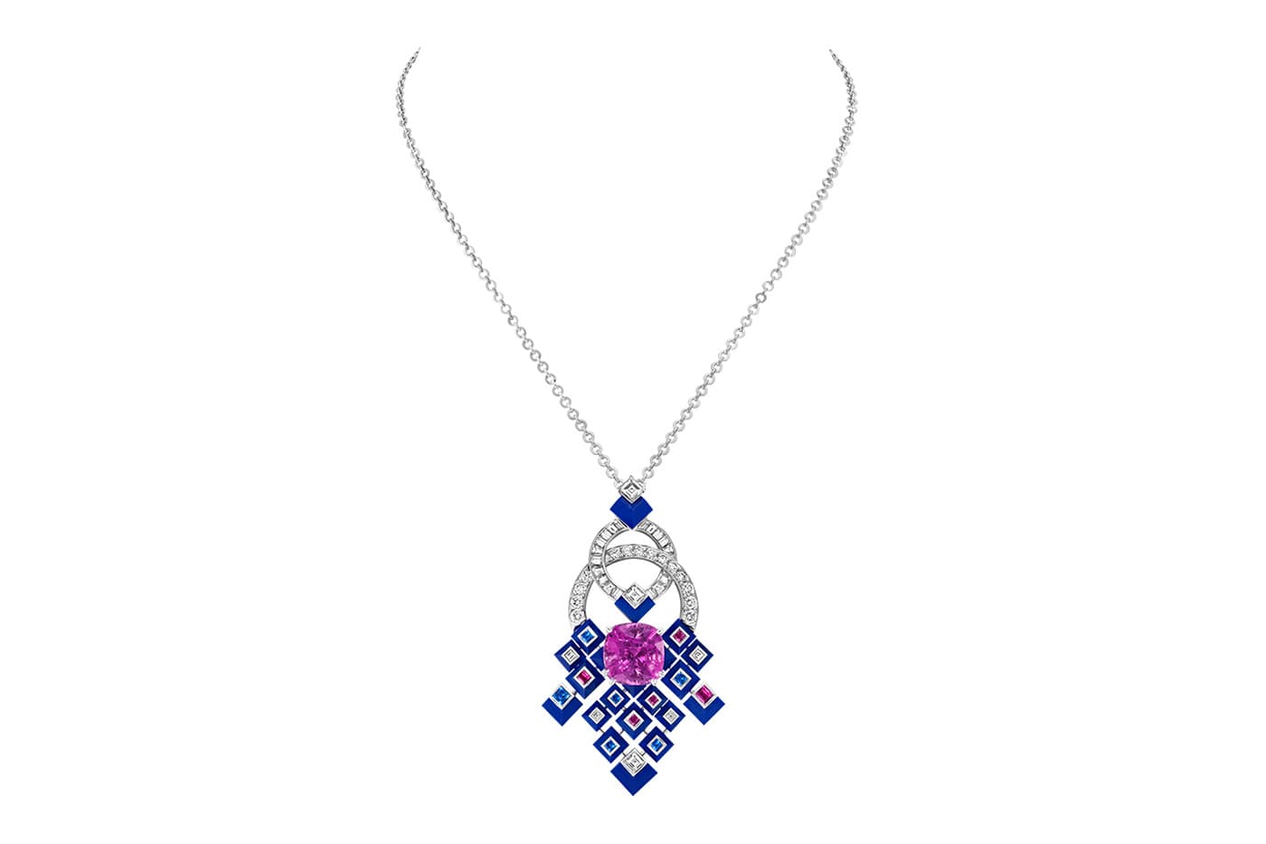 Van Cleef & Arpels 'Romeo and Juliet' collection 'Matrimonio' transformable necklace with Sri Lankan cushion cut sapphire of 13.78ct, blue and pink sapphires, lapis lazuli and diamonds in white gold