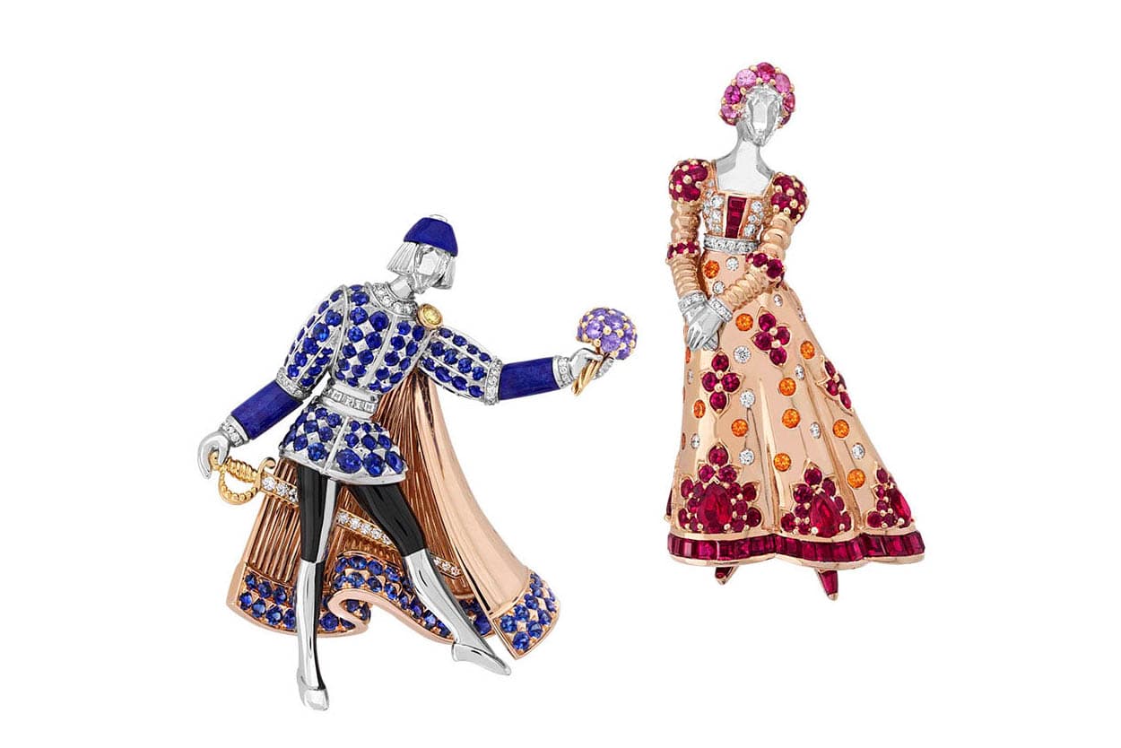  Van Cleef & Arpels 'Romeo and Juliet' brooches with black lacquer, rubies, colored sapphires, spessartite garnets, lapis lazuli, colourless and yellow diamond in white, rose and yellow gold