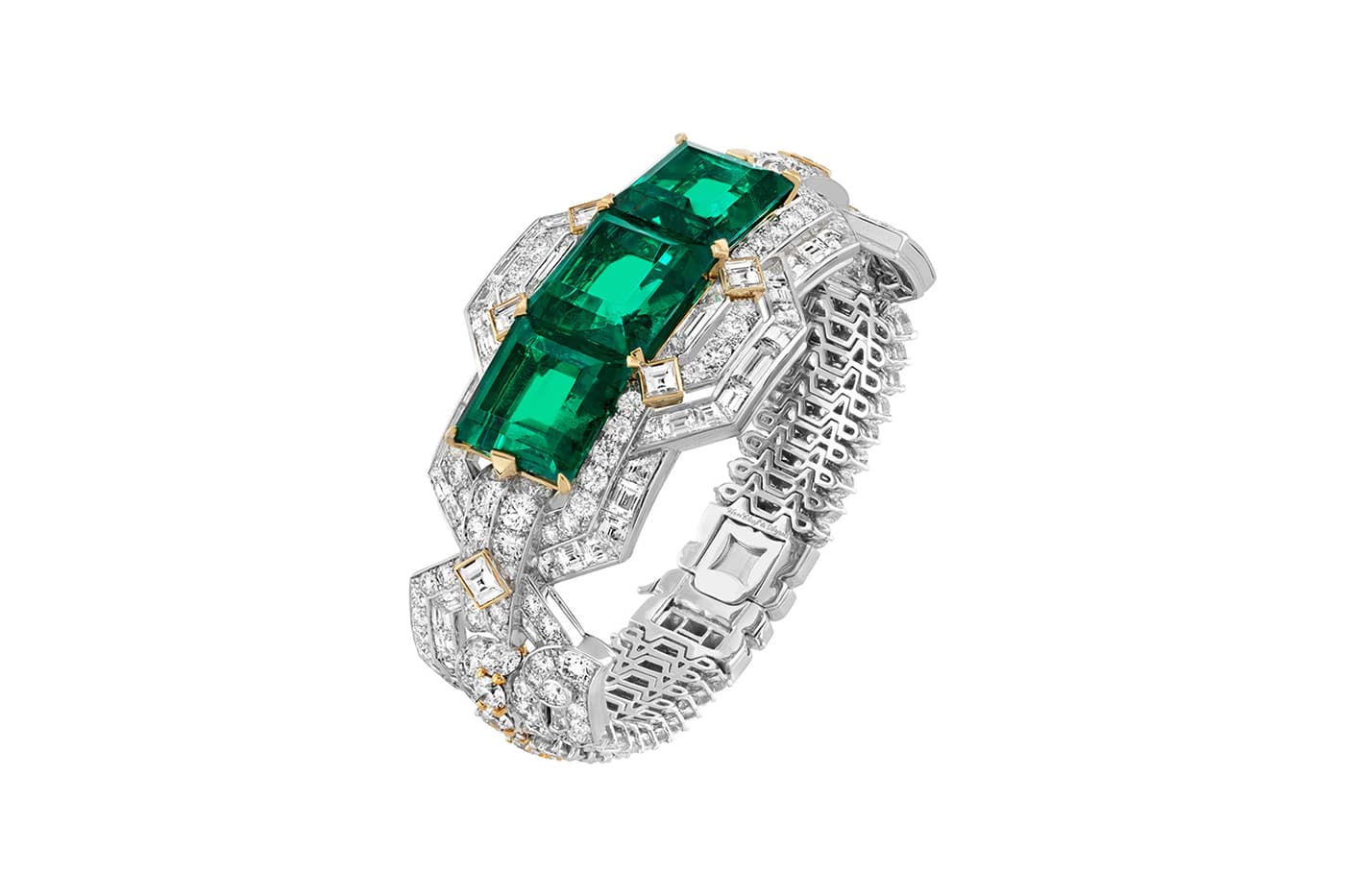  Van Cleef & Arpels ‘Romeo and Juliet’ collection ‘Lovers’ Path’ bracelet with emerald cut Colombian emeralds of 14.17ct, 13.71ct and 11.90ct and diamonds in white gold