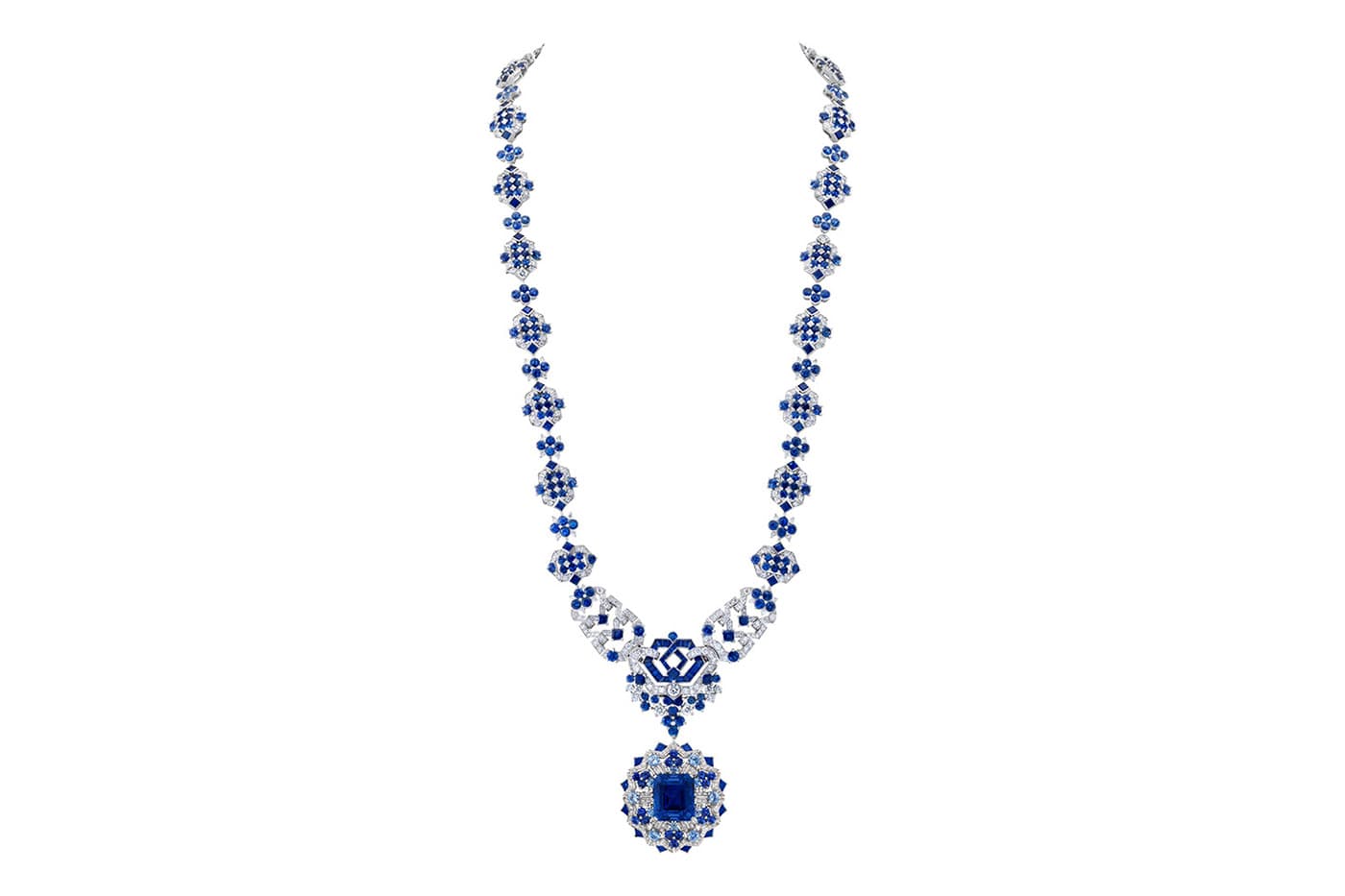  Van Cleef & Arpels 'Romeo and Juliet' collection 'Verona' transformable necklace with Burmese emerald cut sapphire of 23.86ct, sapphires and diamond in white gold