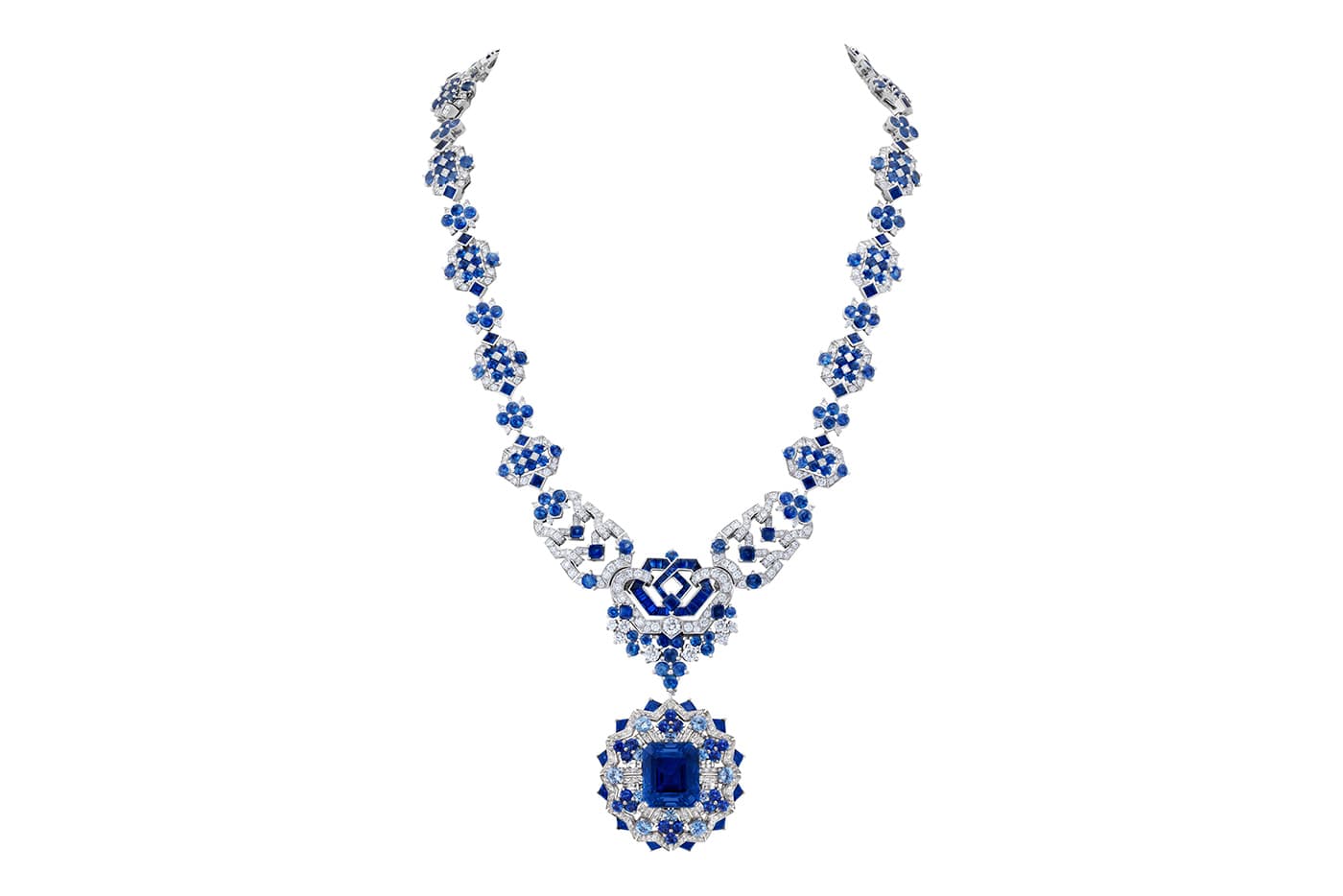  Van Cleef & Arpels 'Romeo and Juliet' collection 'Verona' transformable necklace with Burmese emerald cut sapphire of 23.86ct, sapphires and diamond in white gold