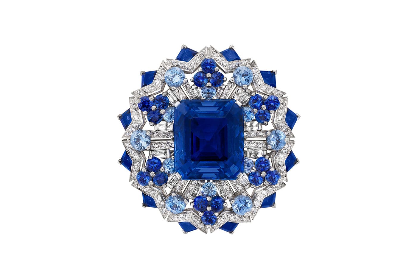  Van Cleef & Arpels 'Romeo and Juliet' collection 'Verona' transformable brooch with Burmese emerald cut sapphire of 23.86ct, sapphires and diamond in white gold