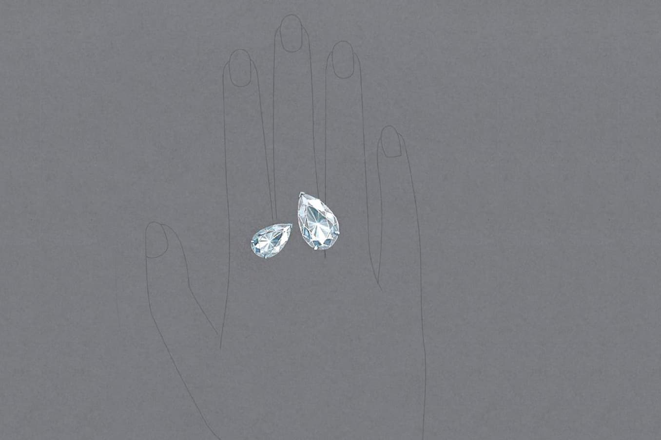  Gouache of Messika 'Private Collection' 'Toi et Moi' ring with 7.06ct and 17.04ct pear cut diamonds in white gold