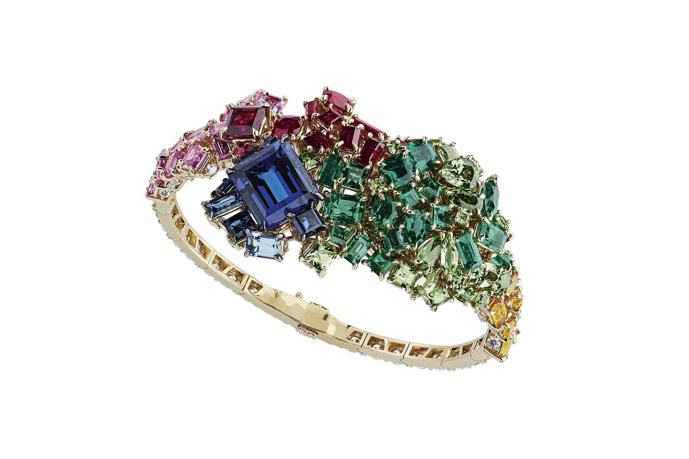  Dior 'Gem Dior' secret watch with emeralds, sapphires, rubies, diamonds and tanzanite in yellow gold