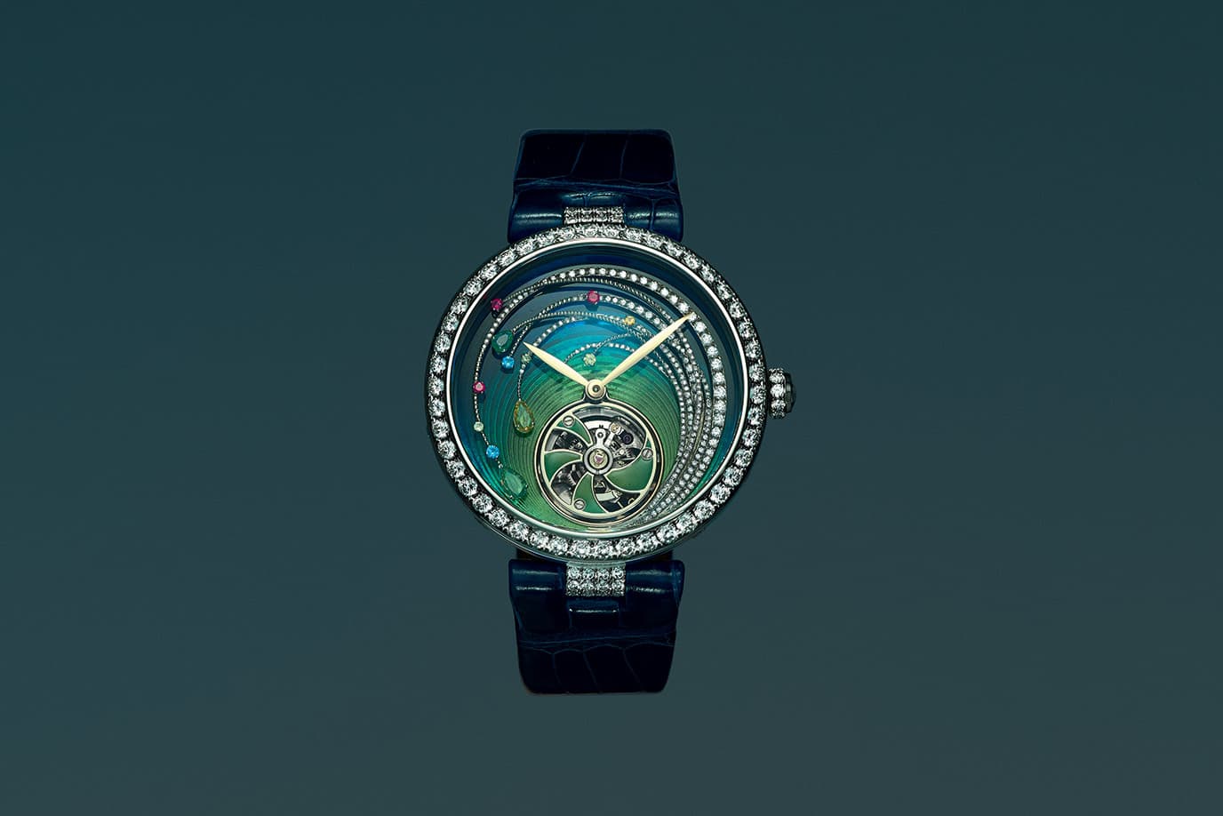 Chaumet ‘Les Ciels de Chaumet’ collection 'Soleil de Minuit' watch with Grand Feu enamel by Anita Porchet and diamonds, sapphires, garnets, tourmaline and spinels in white gold