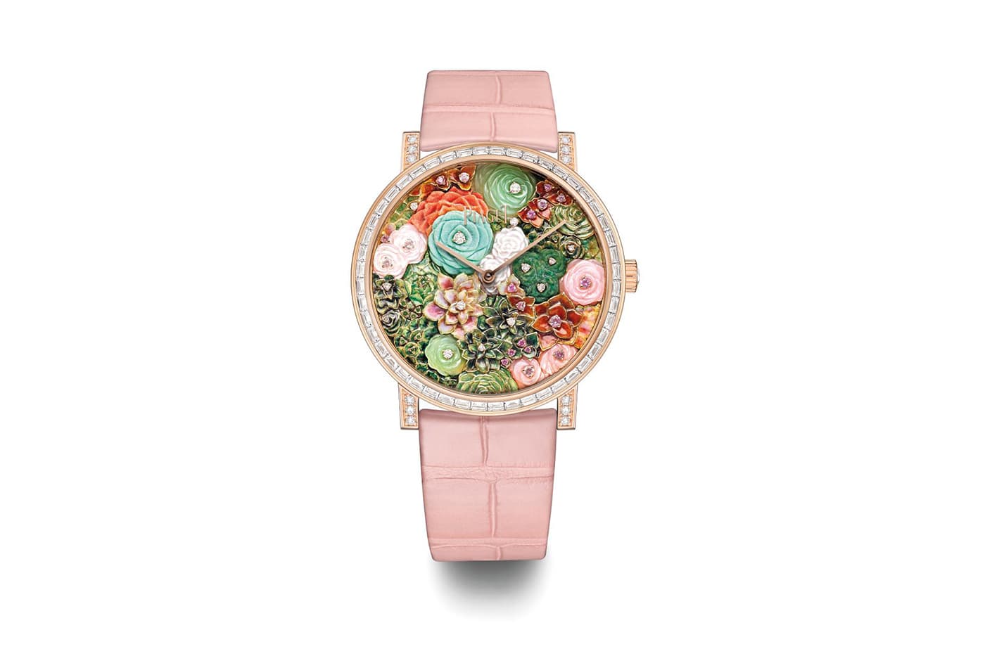  Piaget ‘Golden Oasis’ collection 'Titanota Bright Garden' watch with diamonds, sapphires and tsavorites, coral, jade, chrysoprase , pink opal, white mother of pearl, malachite and enamel in rose gold - a collaboration between Anita Porchet and Dick Steenman