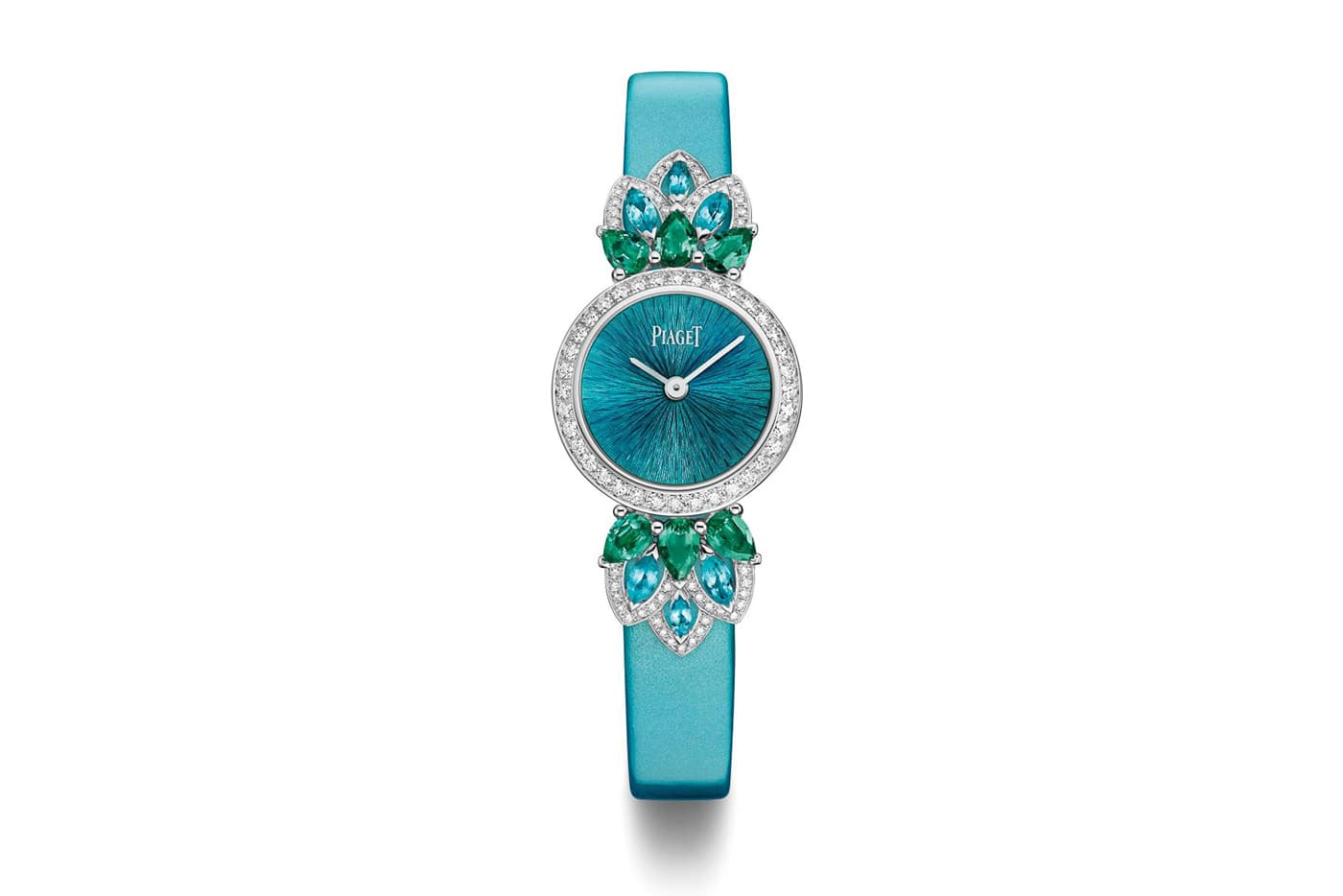  Piaget ‘Golden Oasis’ collection 'Titanota' watch with emeralds and Paraiba tourmalines in flinqué enamel and white gold