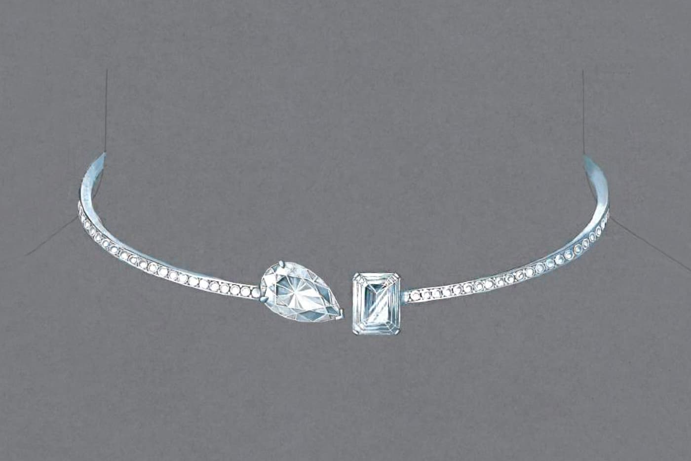  Gouache of Messika 'Private Collection' 'Toi et Moi' choker with 10.03ct pear cut and 7.74ct emerald cut diamonds, accented with diamonds in white gold 