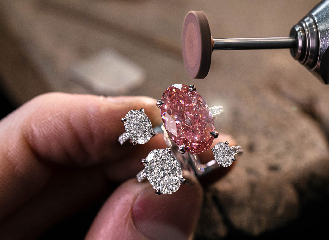 Messika 'Private Collection' ring with oval fancy pink diamond and colourless diamonds, with accenting diamonds in white gold
