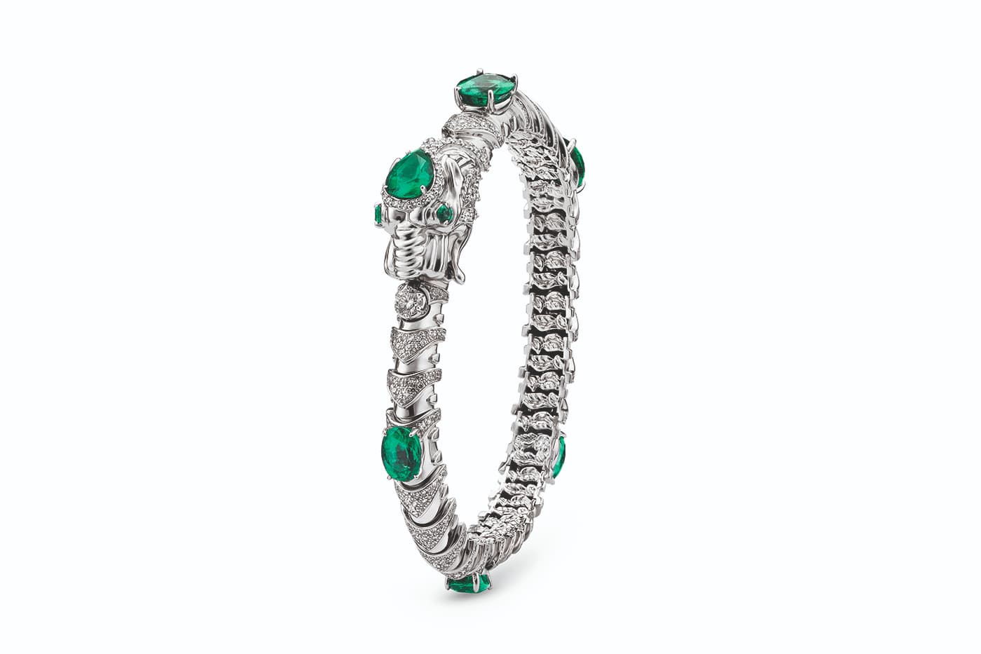  Gucci 'Hortus Deliciarum' collection 'Animal Kingdom' bracelet with emeralds and diamonds in white gold