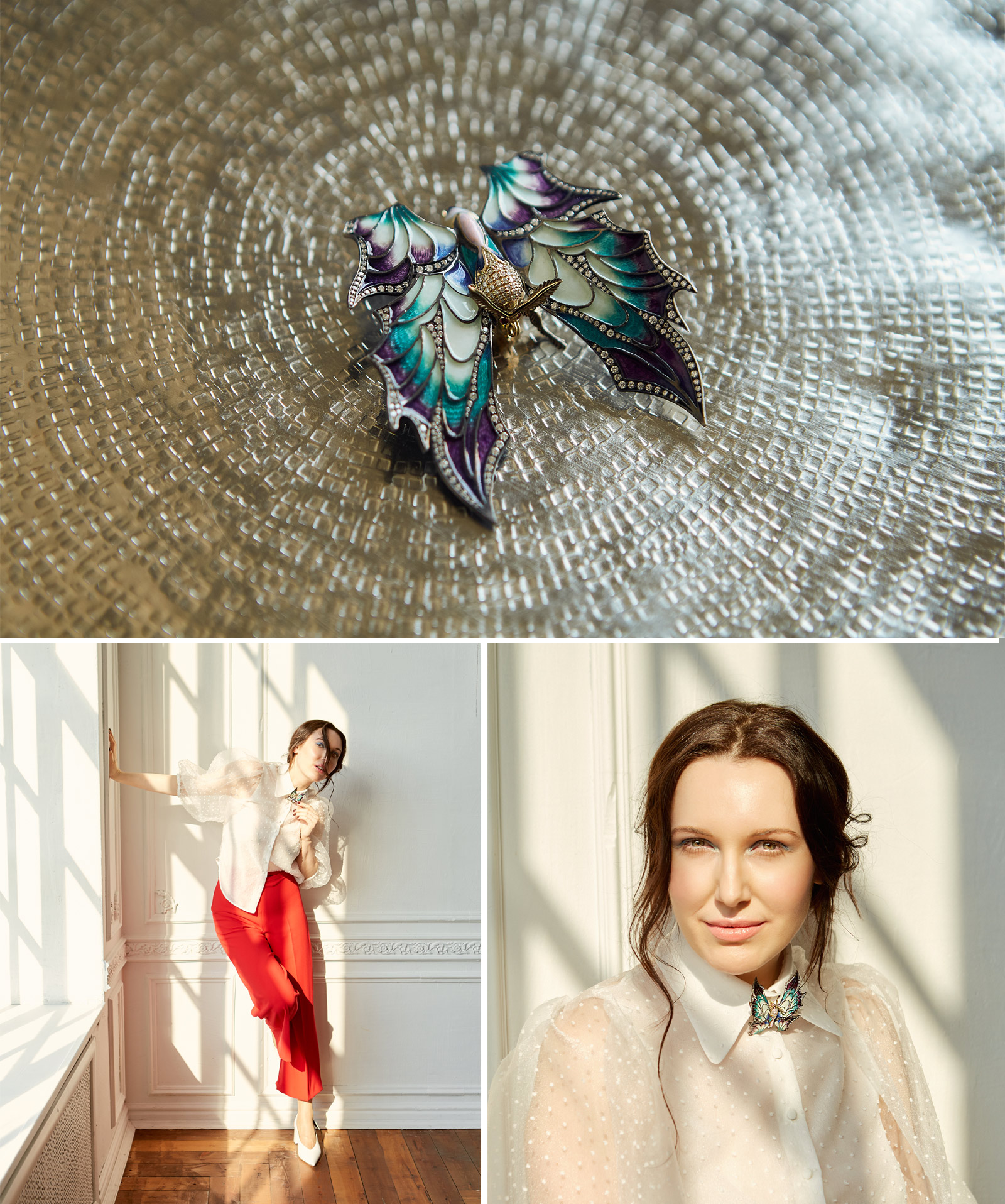 Katerina Perez wearing butterfly brooch with enamel and diamonds by Ekaterina Kostrigina