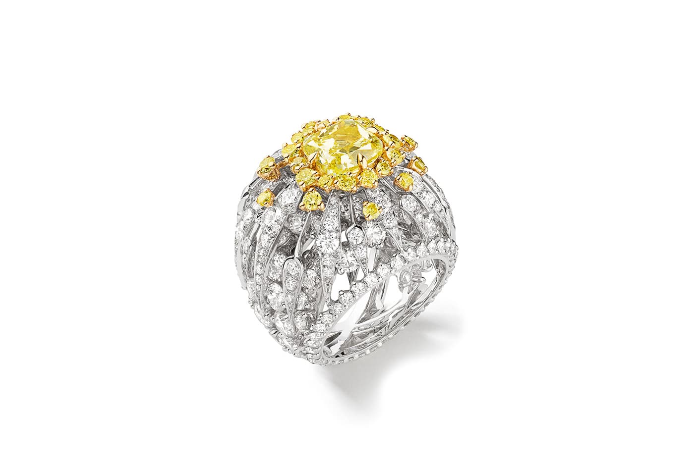  Chaumet 'Les Ciels de Chaumet' collection 'Soliel Glorieux' ring with 3.42ct fancy intense yellow diamond and colourless diamonds in white and yellow gold